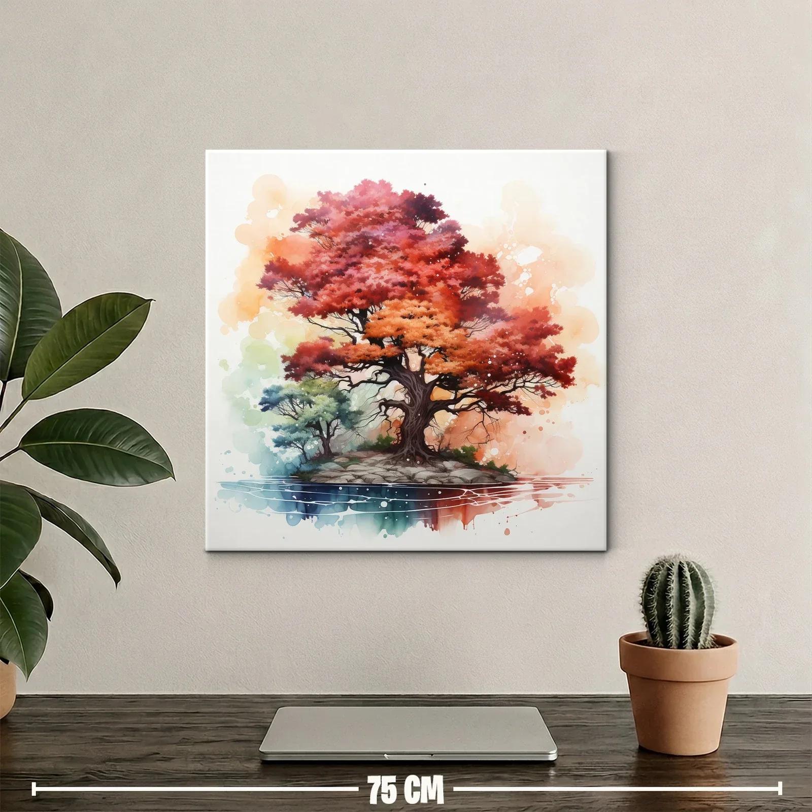Árbol vibrante en isla con tonos otoño y acuarela — miniatura 2