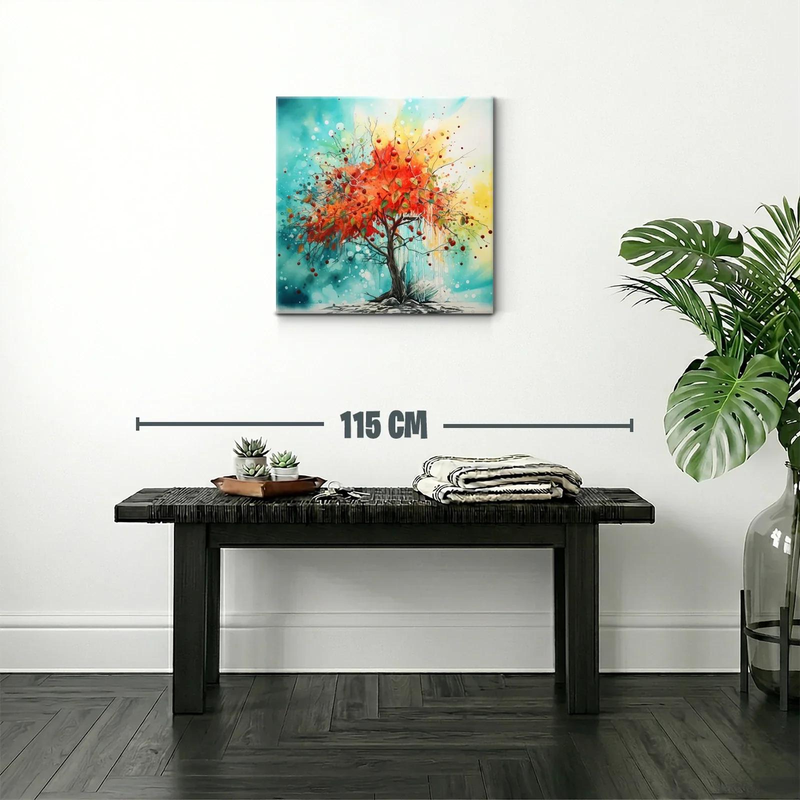 Árbol vibrante con hojas rojas en fondo azul y amarillo — miniatura 2
