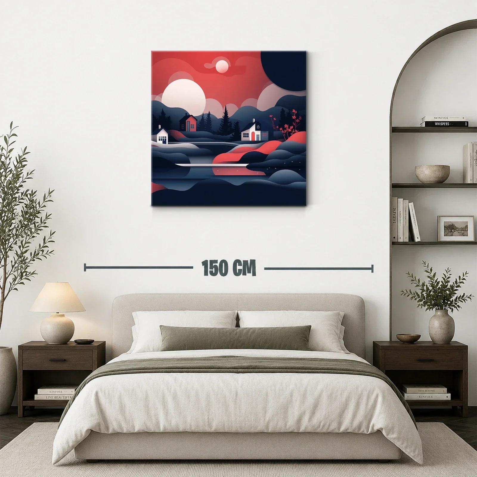 Paisaje nocturno con casas y montañas en tonos rojos y azules — miniatura 3