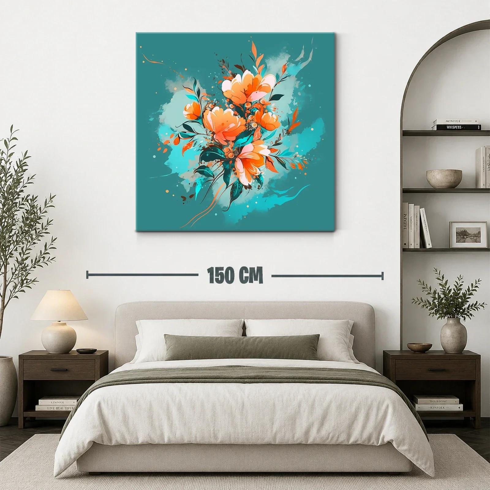 Cuadro Floral con tonos cálidos y fondo turquesa vibrante — miniatura 3