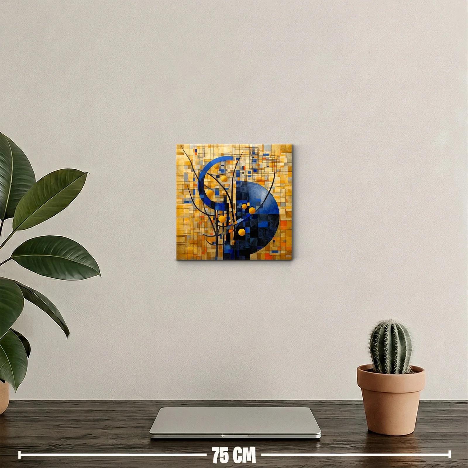 Cuadro abstracto con formas geométricas en tonos dorados y azules — miniatura 2