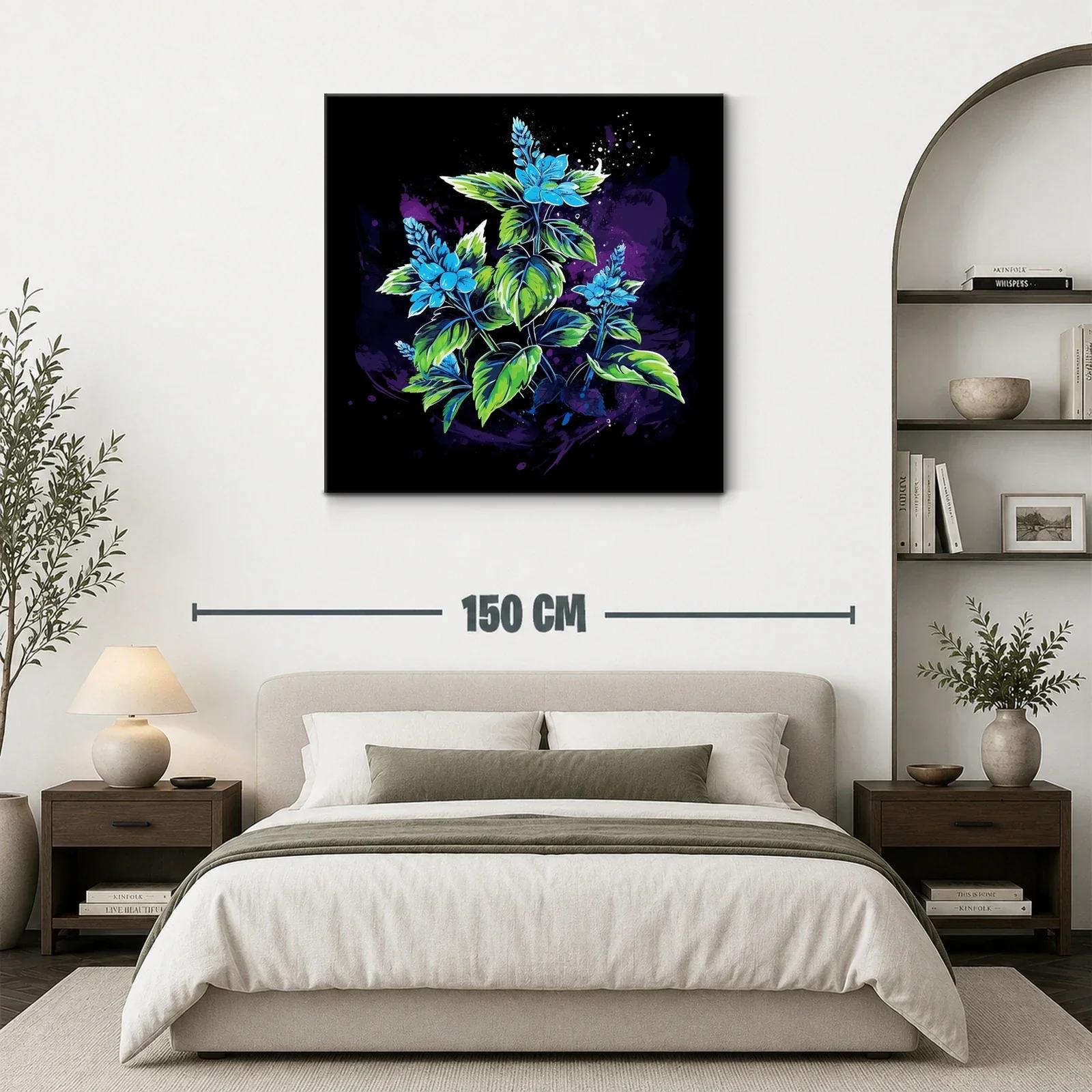 Cuadro con flores azules y hojas verdes sobre fondo oscuro — miniatura 3