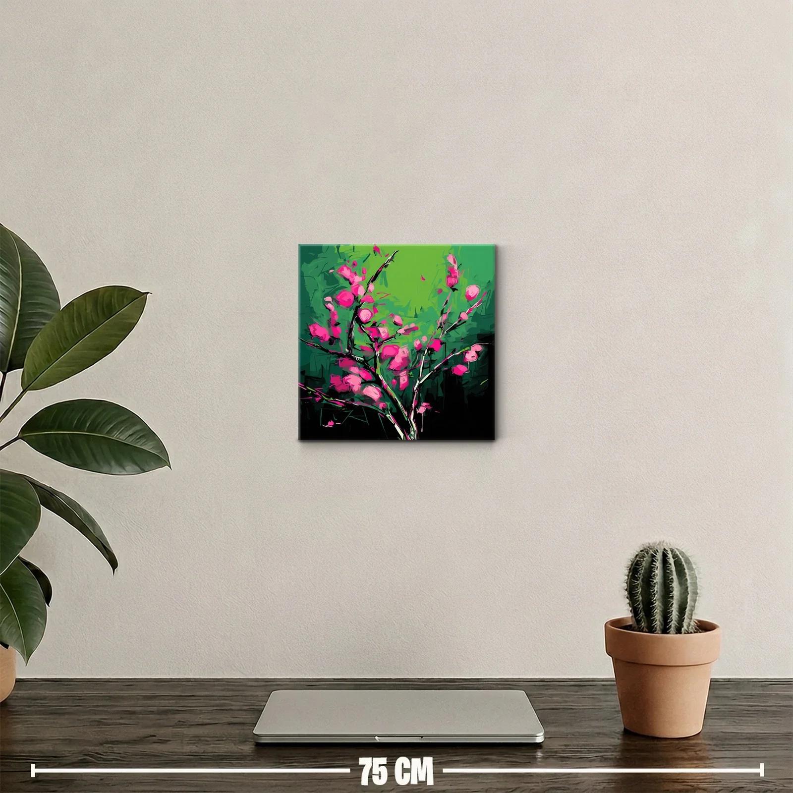 Cuadro vibrante con flores fucsias sobre fondo verde — miniatura 2