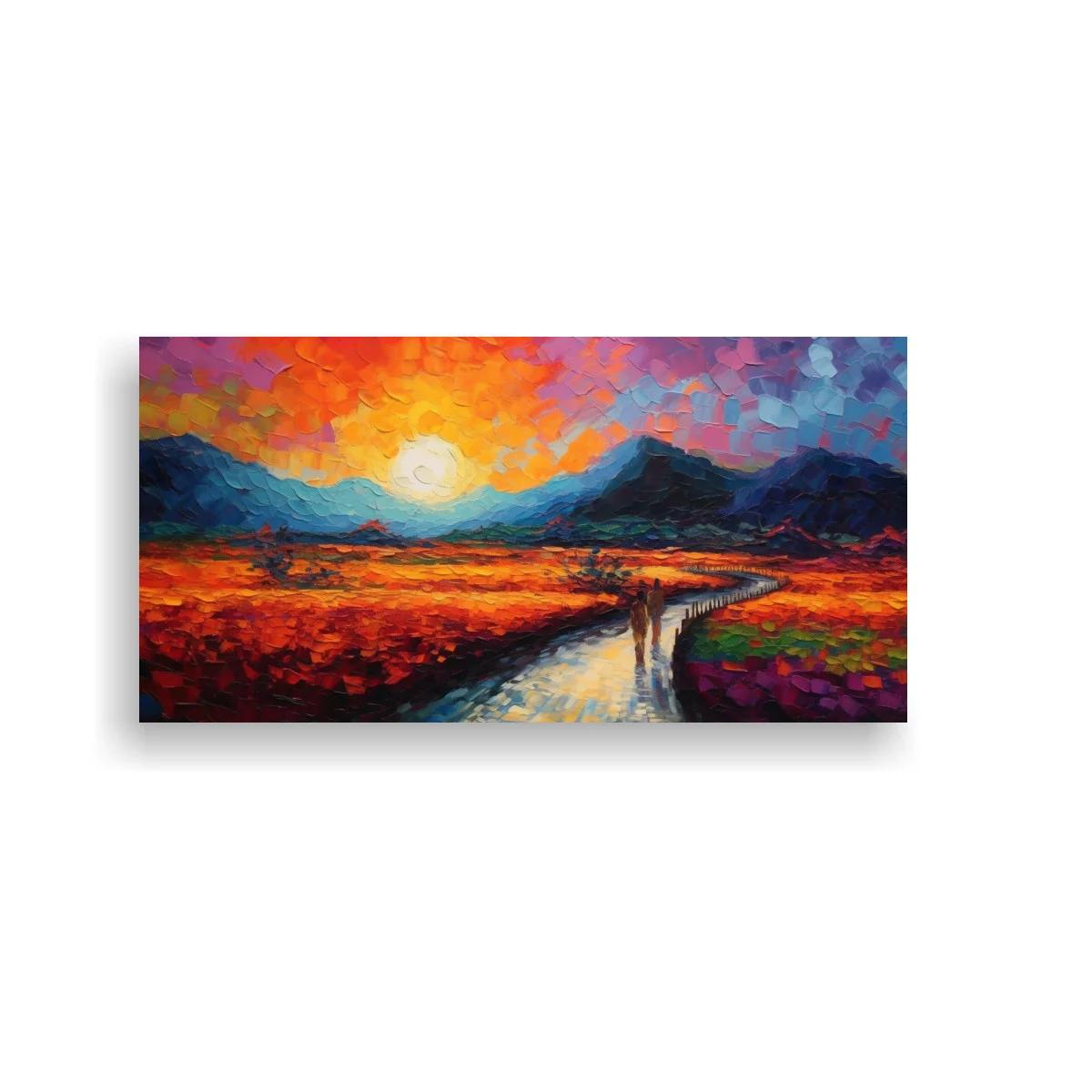 Cuadro paisaje de montaña al atardecer con camino serpenteante — imagen principal