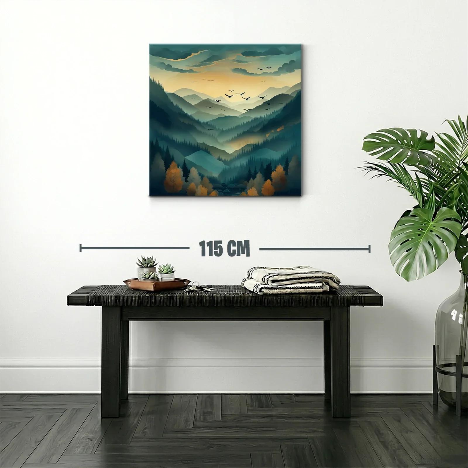 Paisaje de montañas nebulosas al amanecer con aves en vuelo — miniatura 2