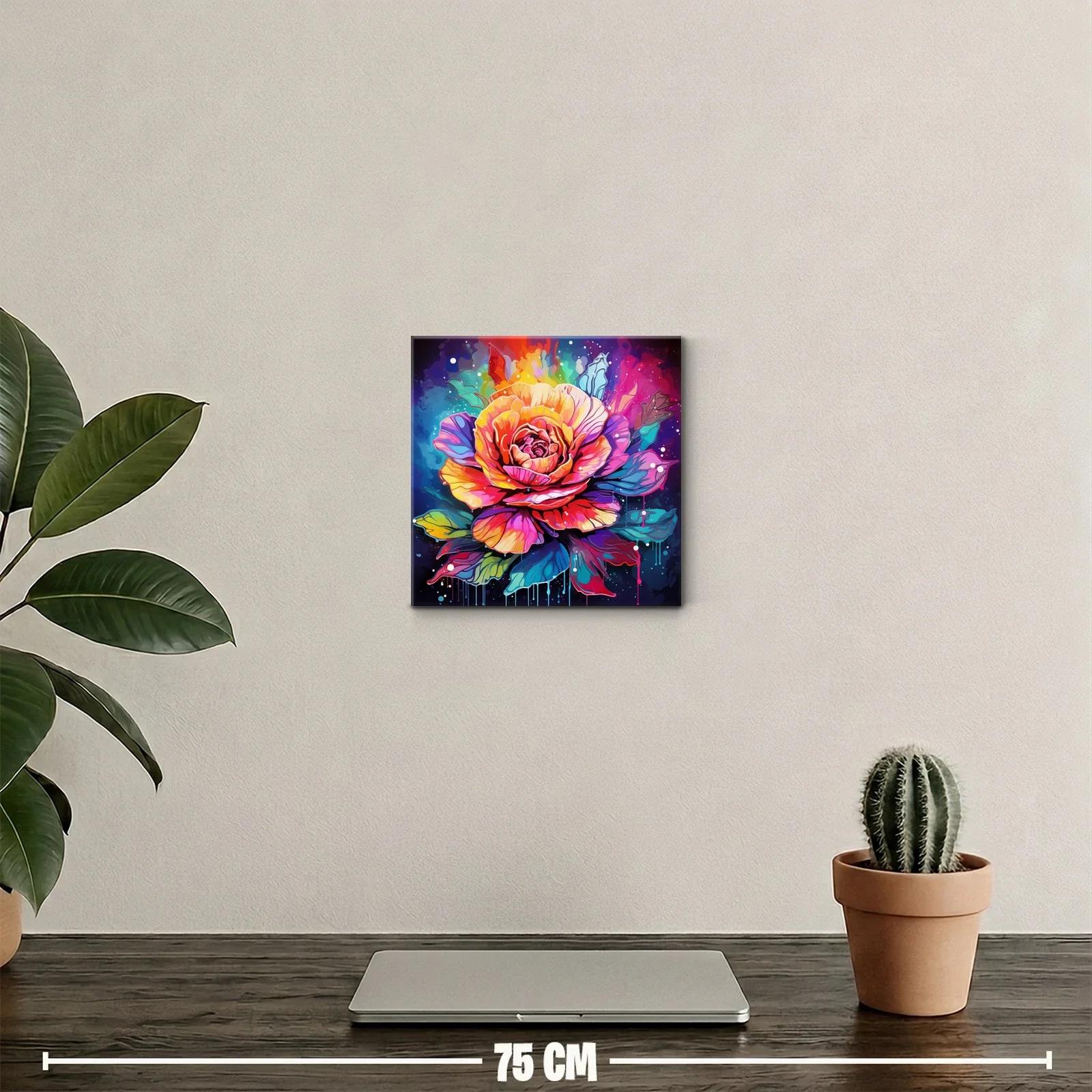 Cuadro vibrante con rosa multicolor y hojas llamativas — miniatura 2