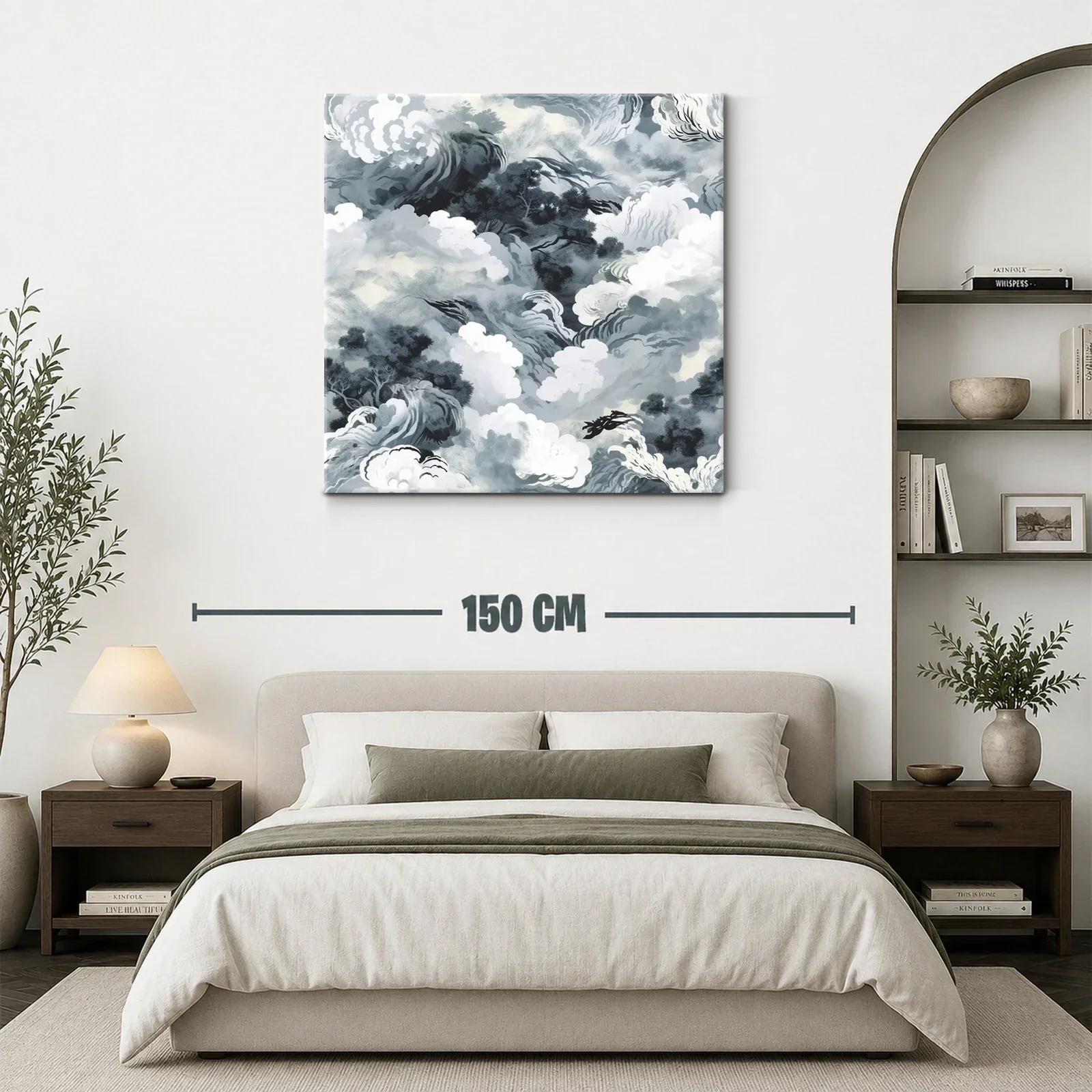 Cuadro abstracto con formas de nubes y árboles en tonos grises — miniatura 3