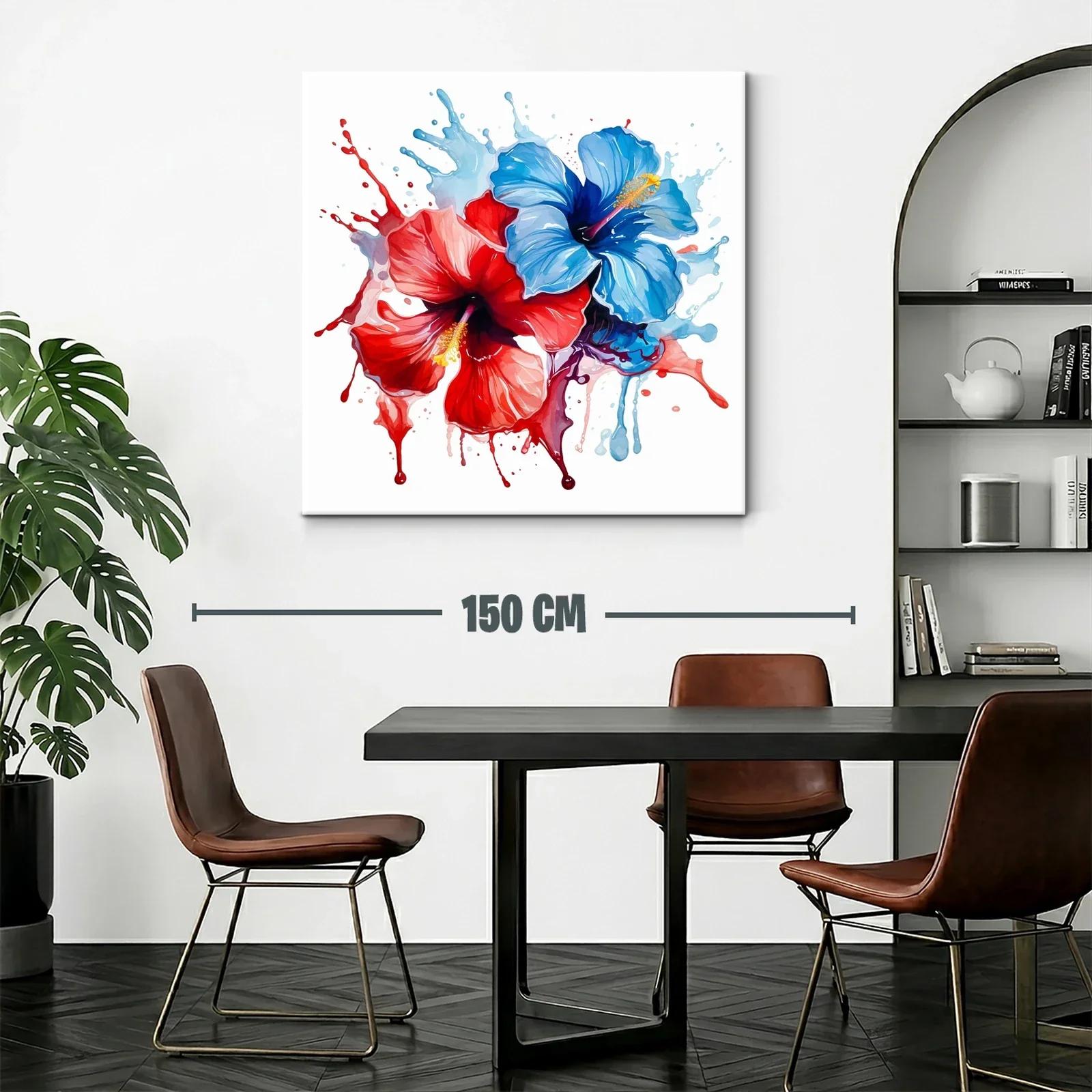 Cuadro moderno de flores hibisco en tonos rojo y azul — miniatura 2
