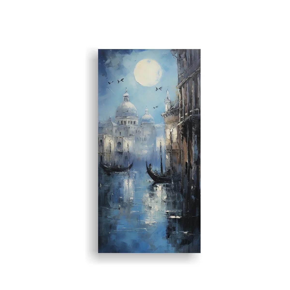Cuadro canal veneciano con góndolas y luna brumosa