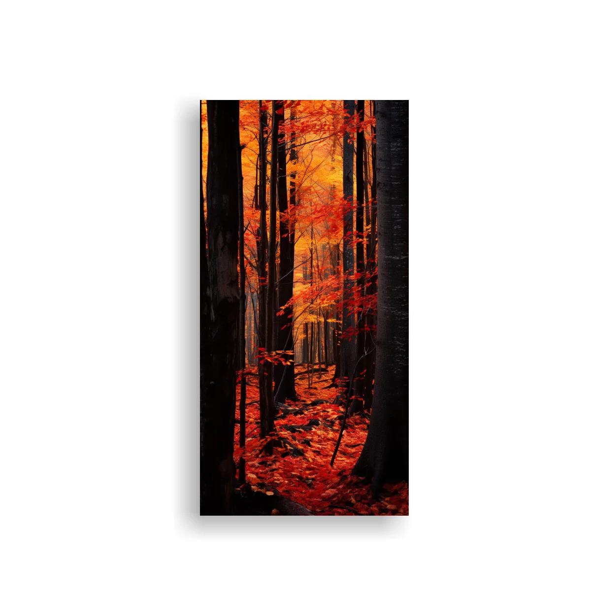 Cuadro bosque otoñal con sendero angosto y follaje rojo intenso