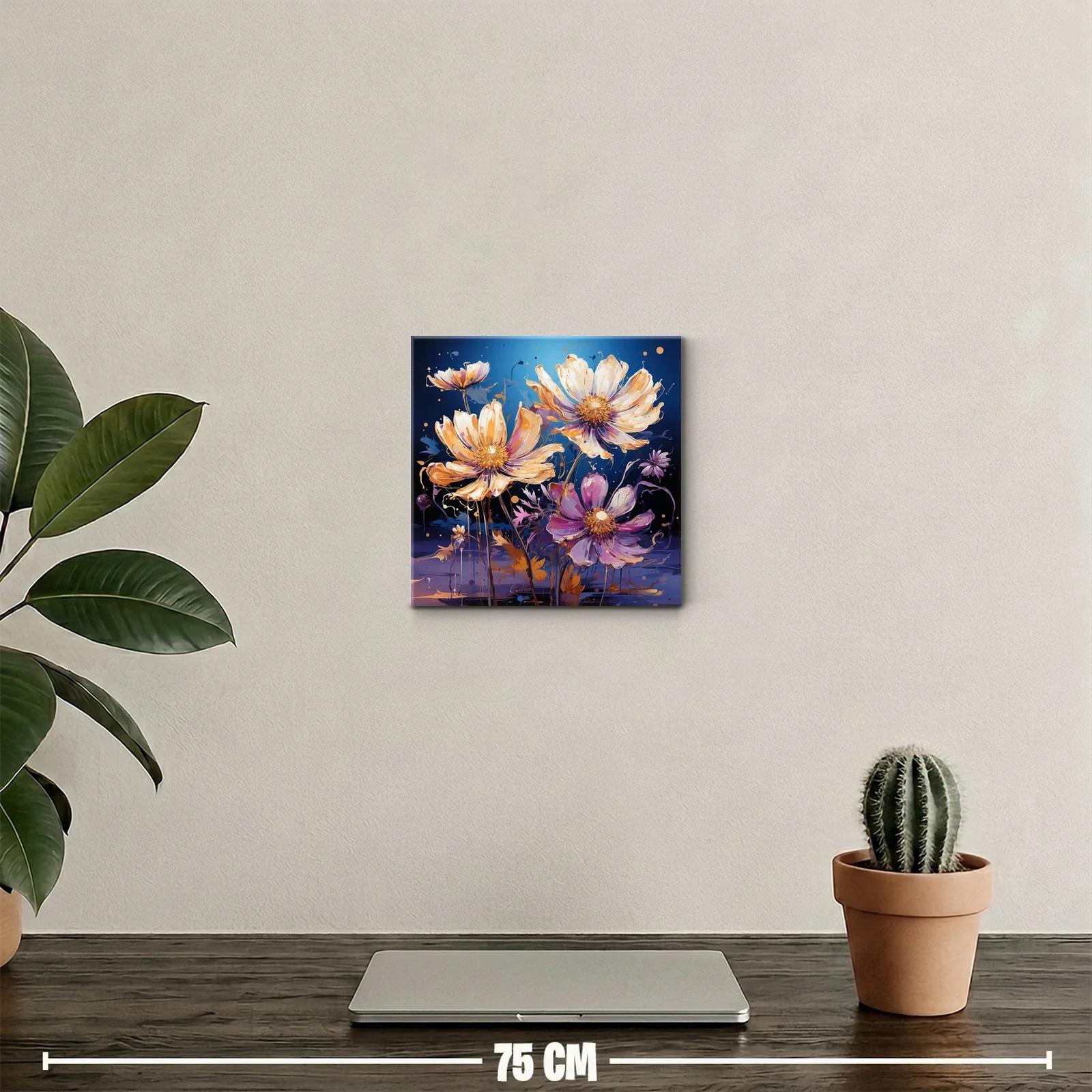 Cuadro floral con flores vibrantes en tonos cálidos y fondo azul — miniatura 2