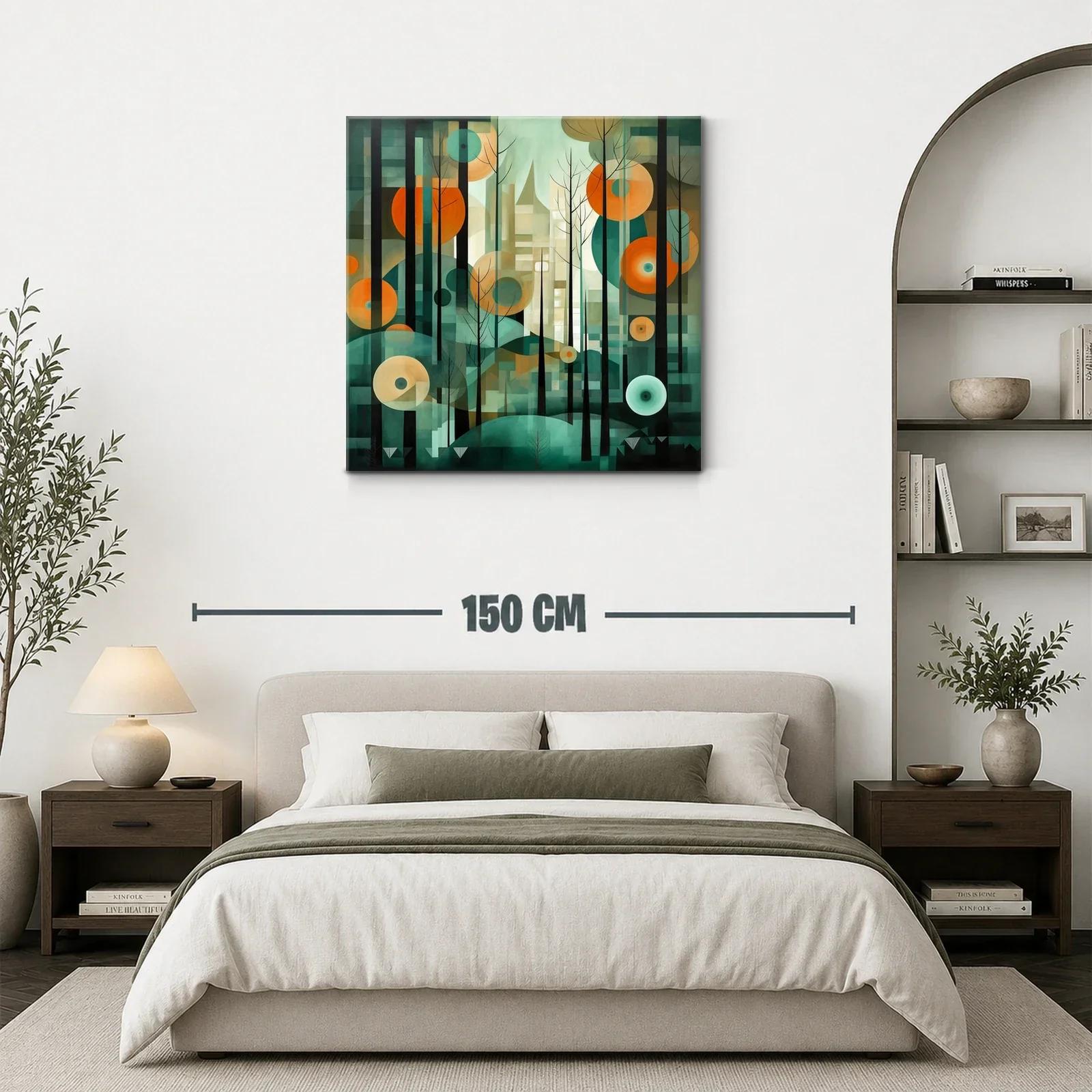 Cuadro abstracto con formas circulares y siluetas de árboles — miniatura 3