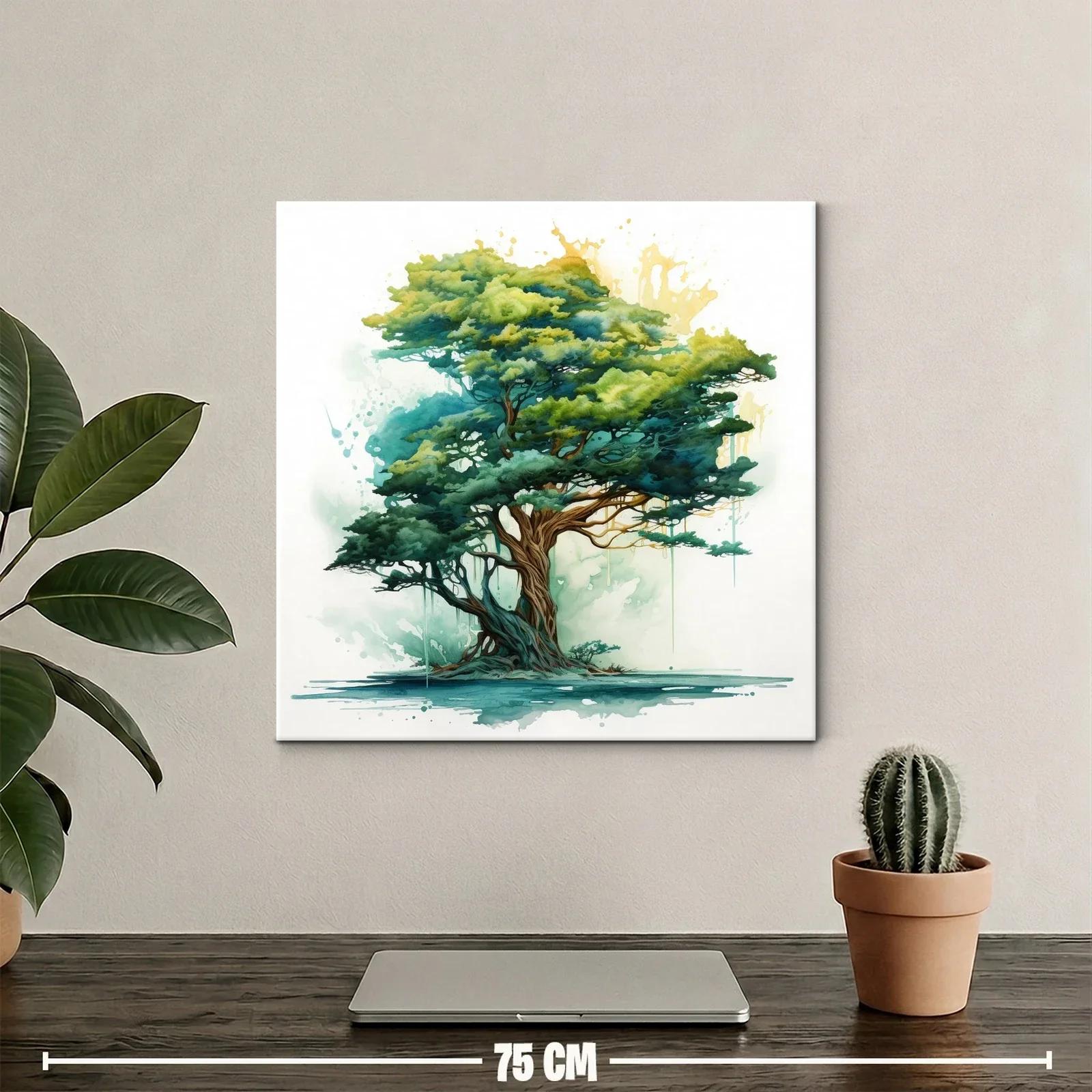 Árbol en tonos verdes con toque de acuarela y luz dorada — miniatura 2