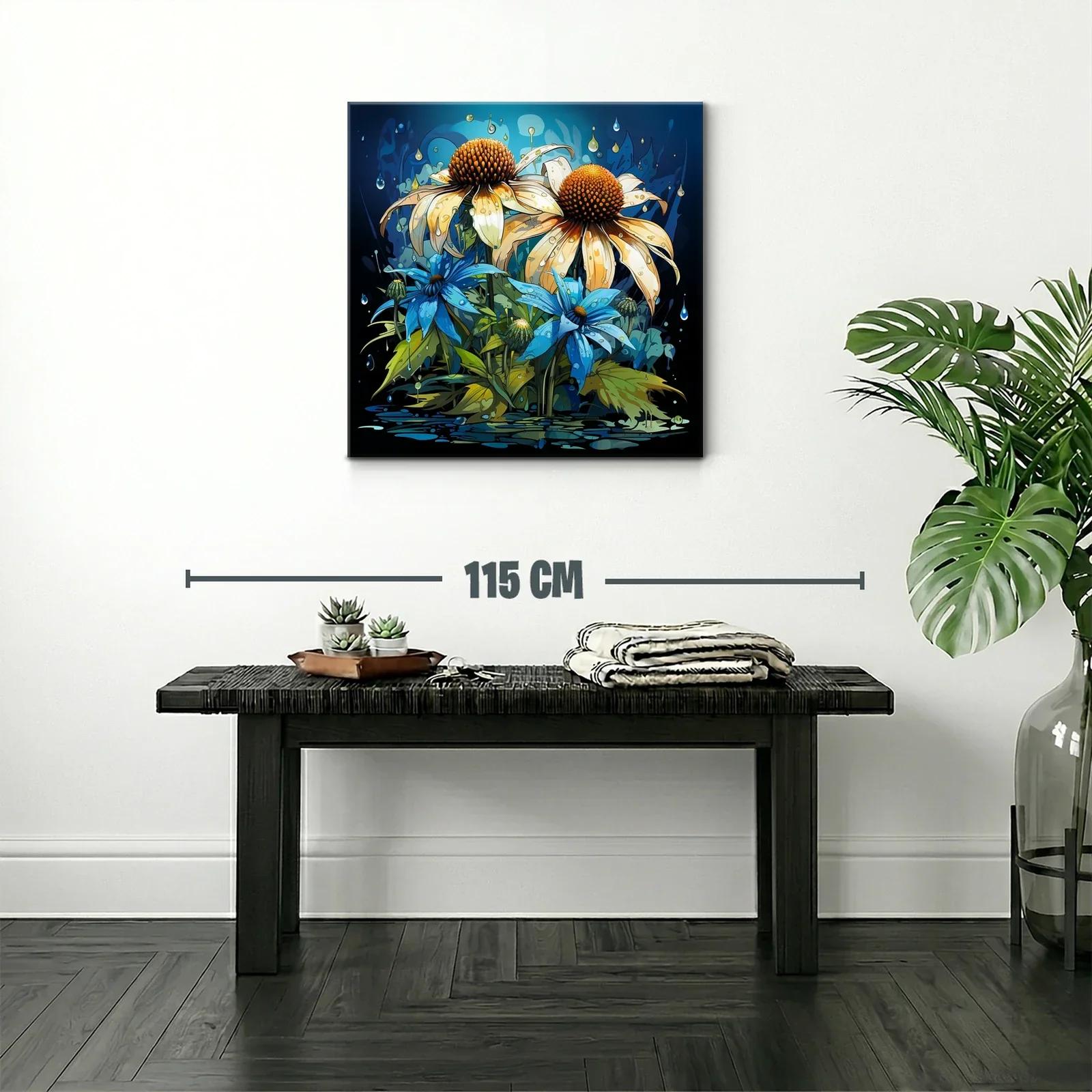 Flores vibrantes con gotas sobre fondo azul oscuro — miniatura 2