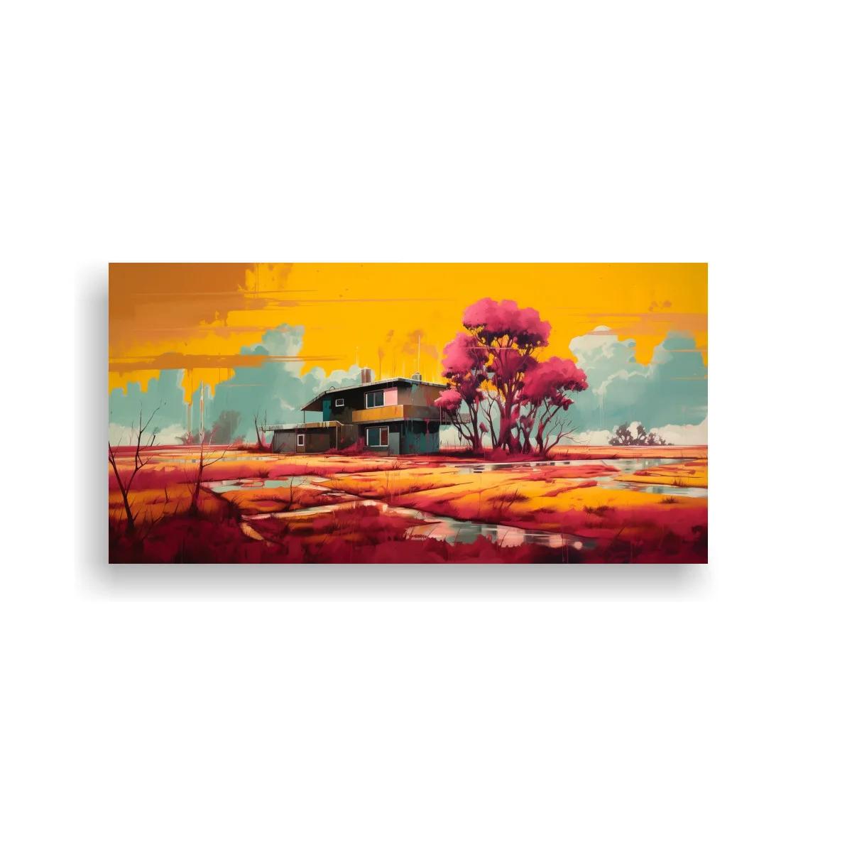 Cuadro casa de campo con árboles rosados y cielo dorado — imagen principal