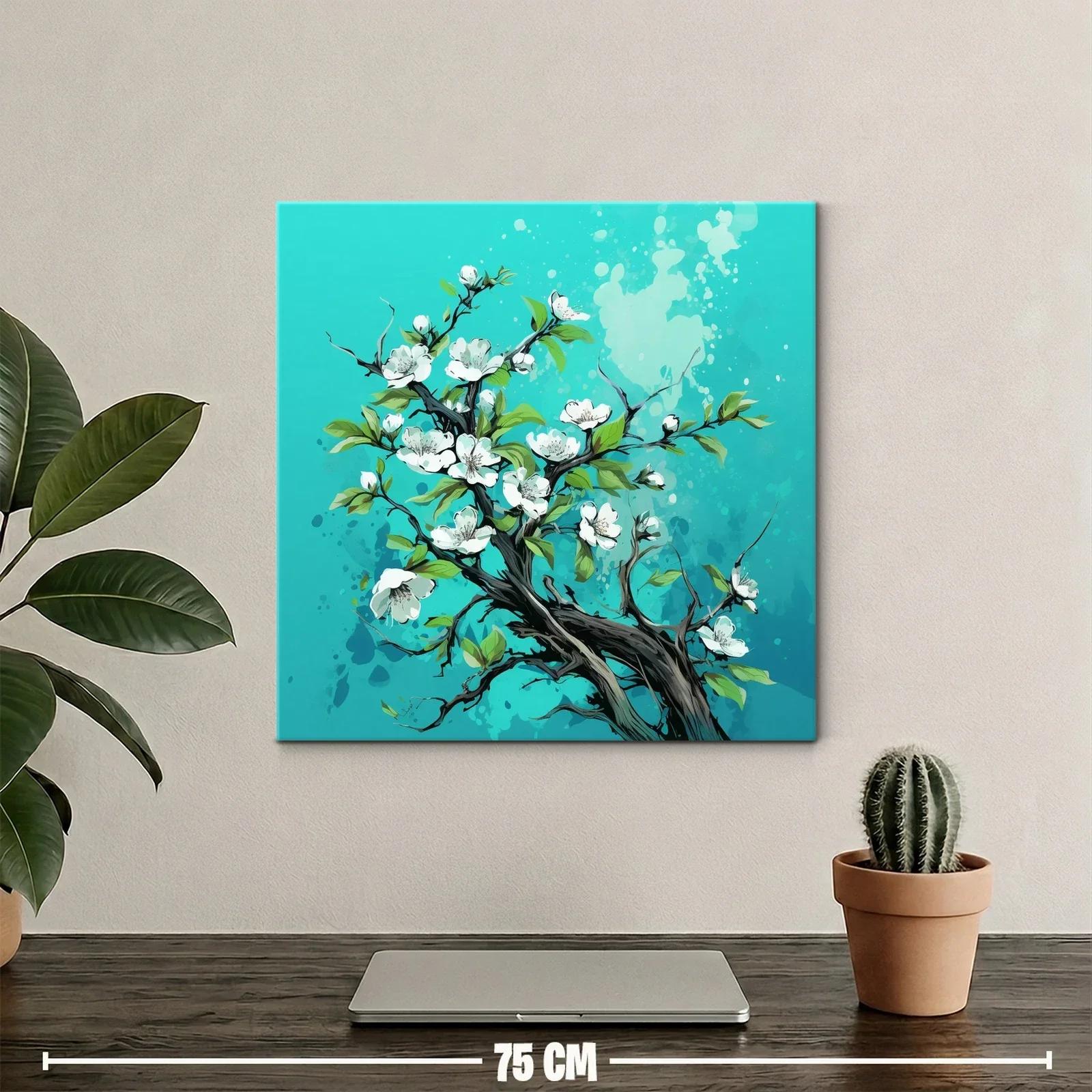 Rama de flores blancas con hojas verdes sobre fondo turquesa — miniatura 2