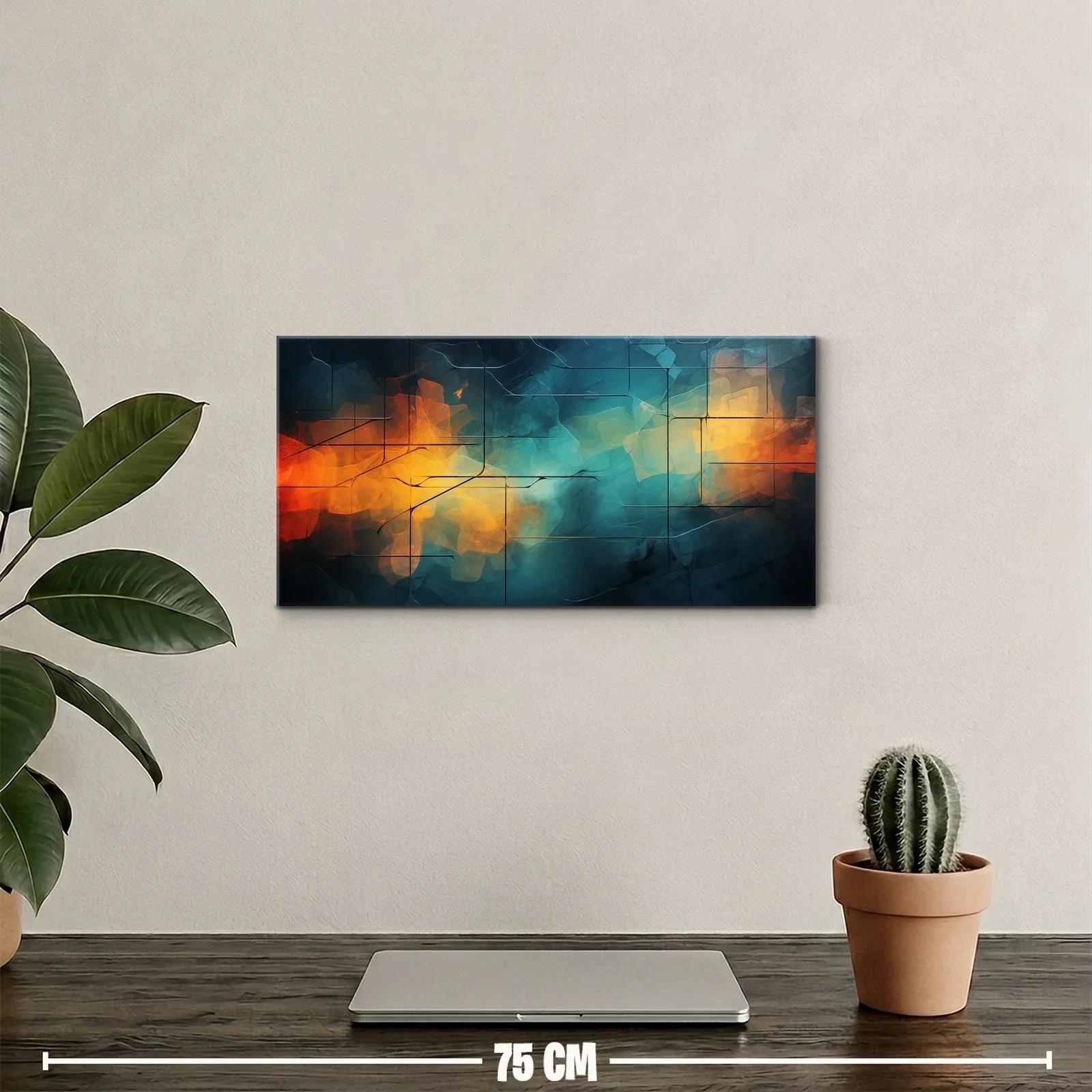 Cuadro abstracto geométrico con brillo ámbar y líneas cruzadas — miniatura 2