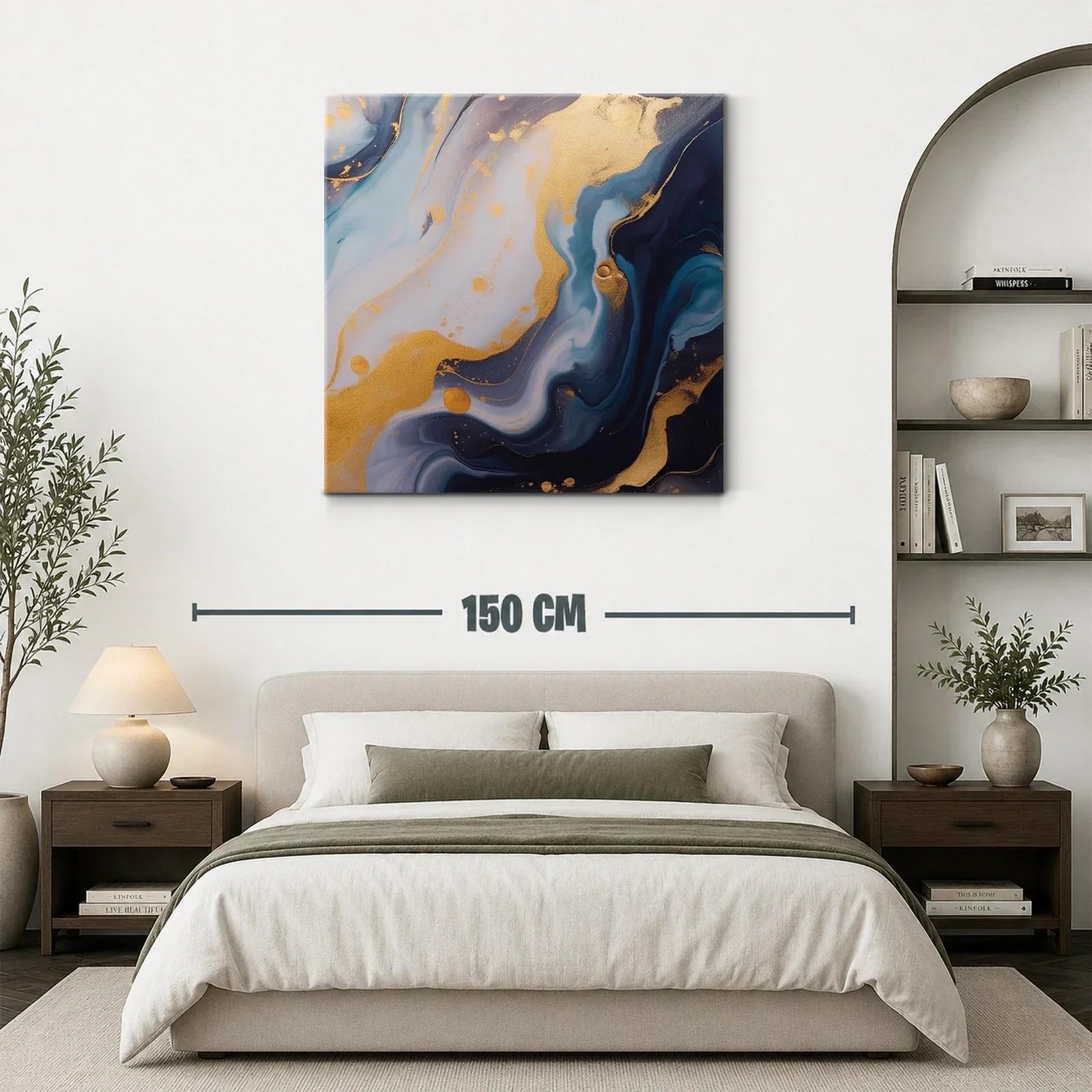 Cuadro abstracto con tonos azules y dorados luminosos — miniatura 3