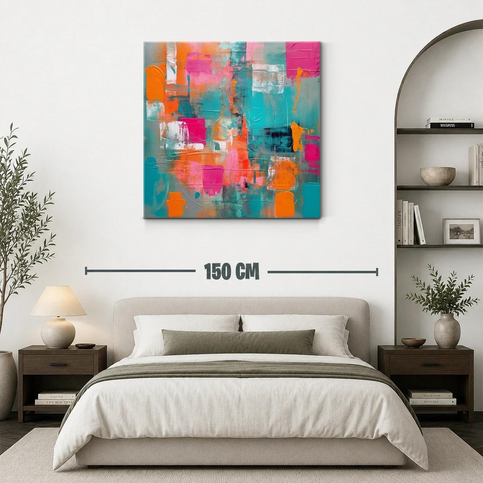 Cuadro abstracto con vibrantes tonos turquesa naranja y rosa — miniatura 3