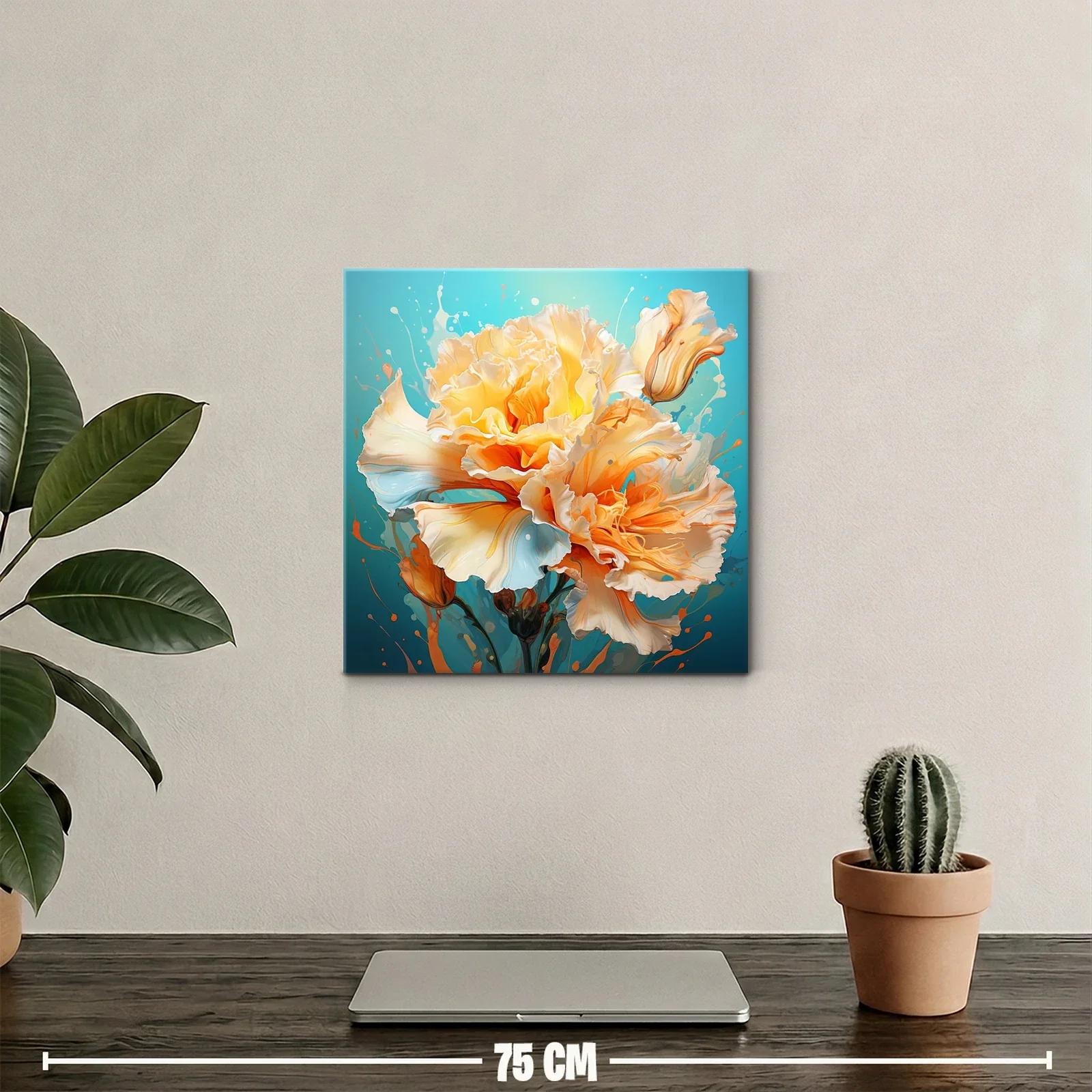 Cuadro floral vibrante en tonos cálidos y fondo azul — miniatura 2