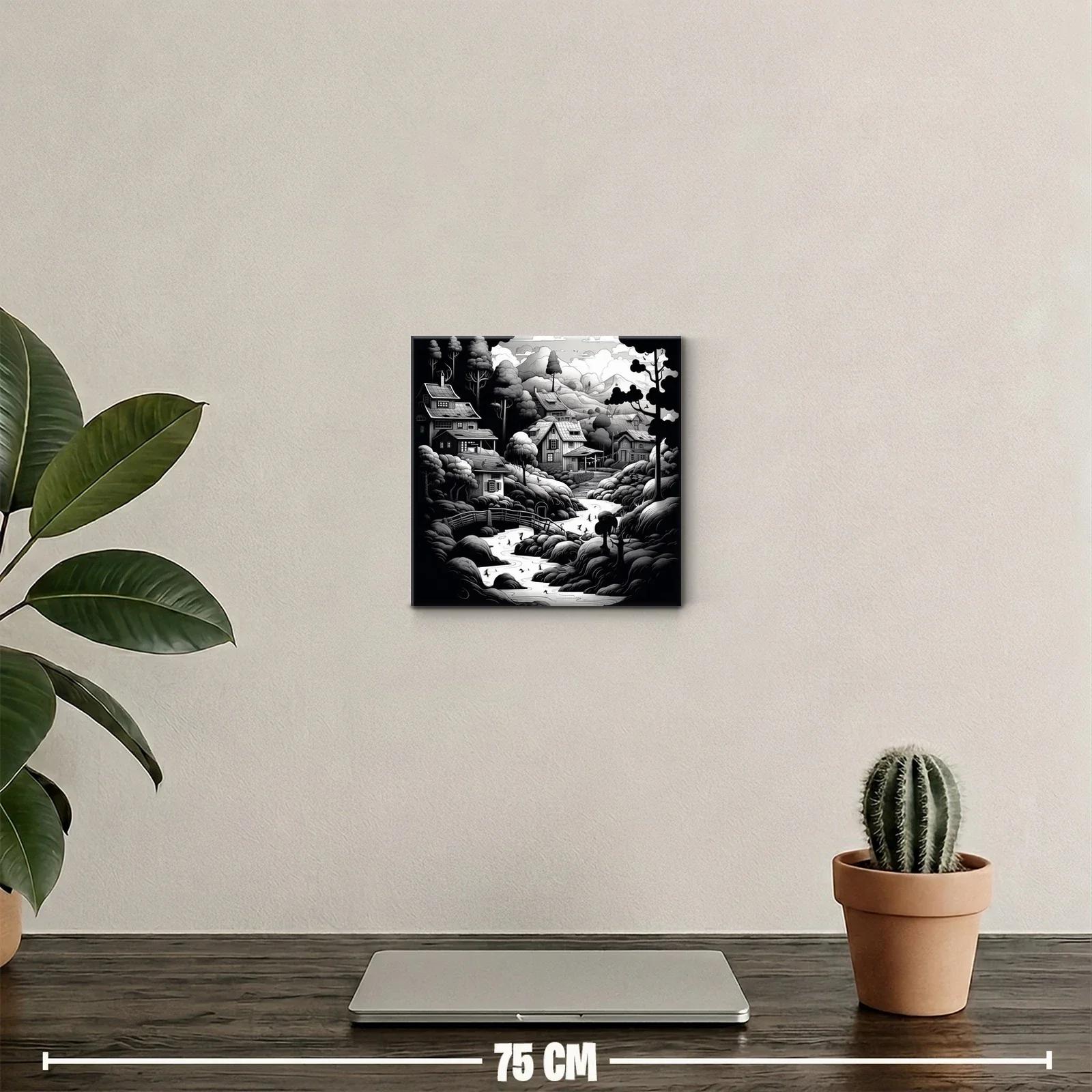 Paisaje rural en blanco y negro con casas y río serpenteante — miniatura 2