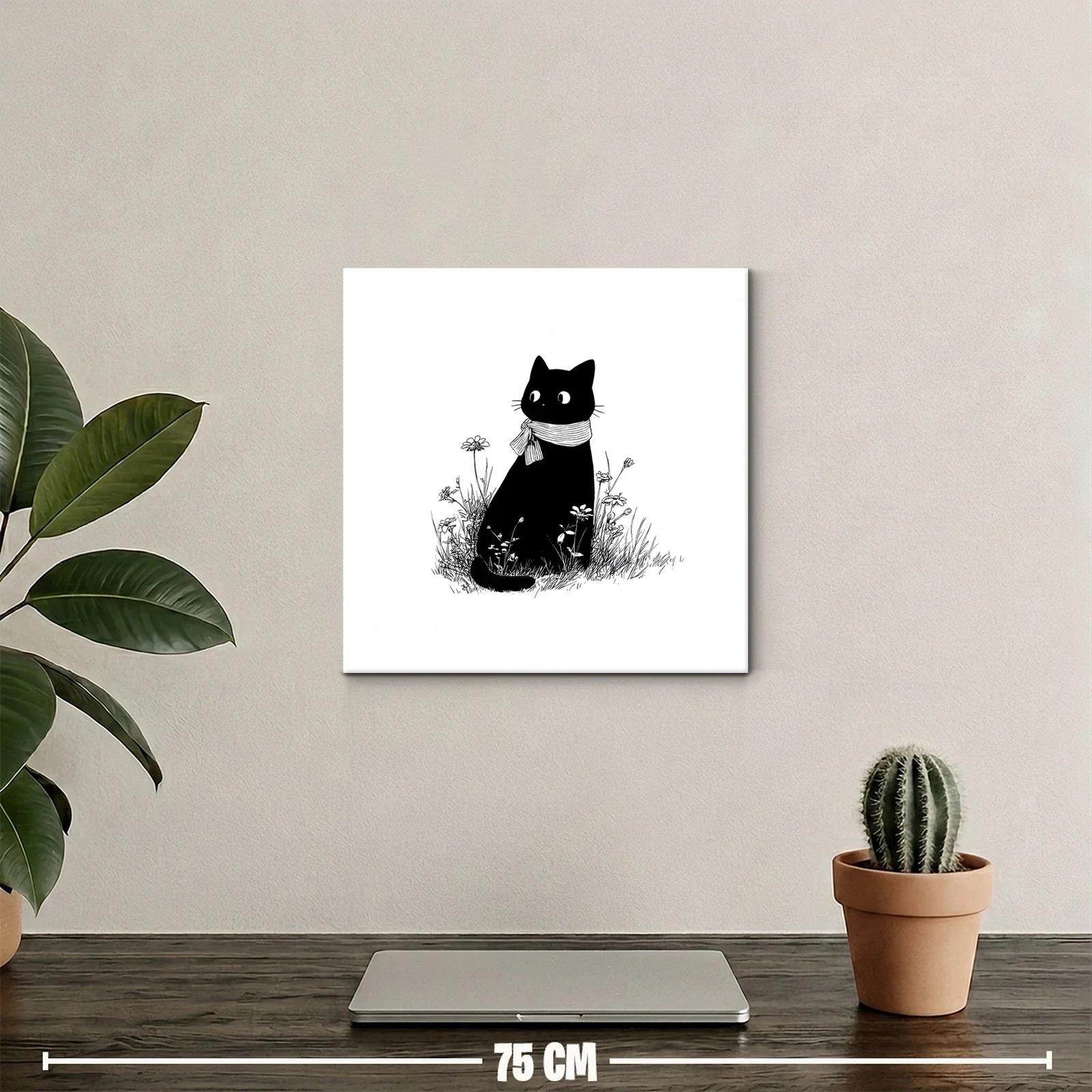 Gato negro con bufanda rodeado de flores silvestres — miniatura 2