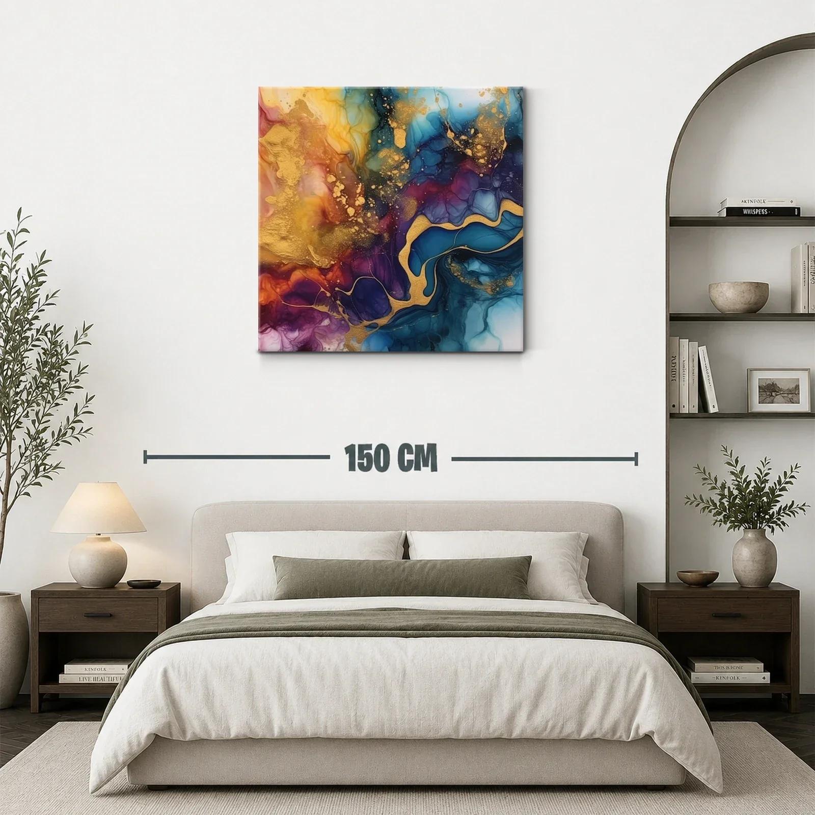 Cuadro abstracto con tonos dorados y azulados vibrantes — miniatura 3