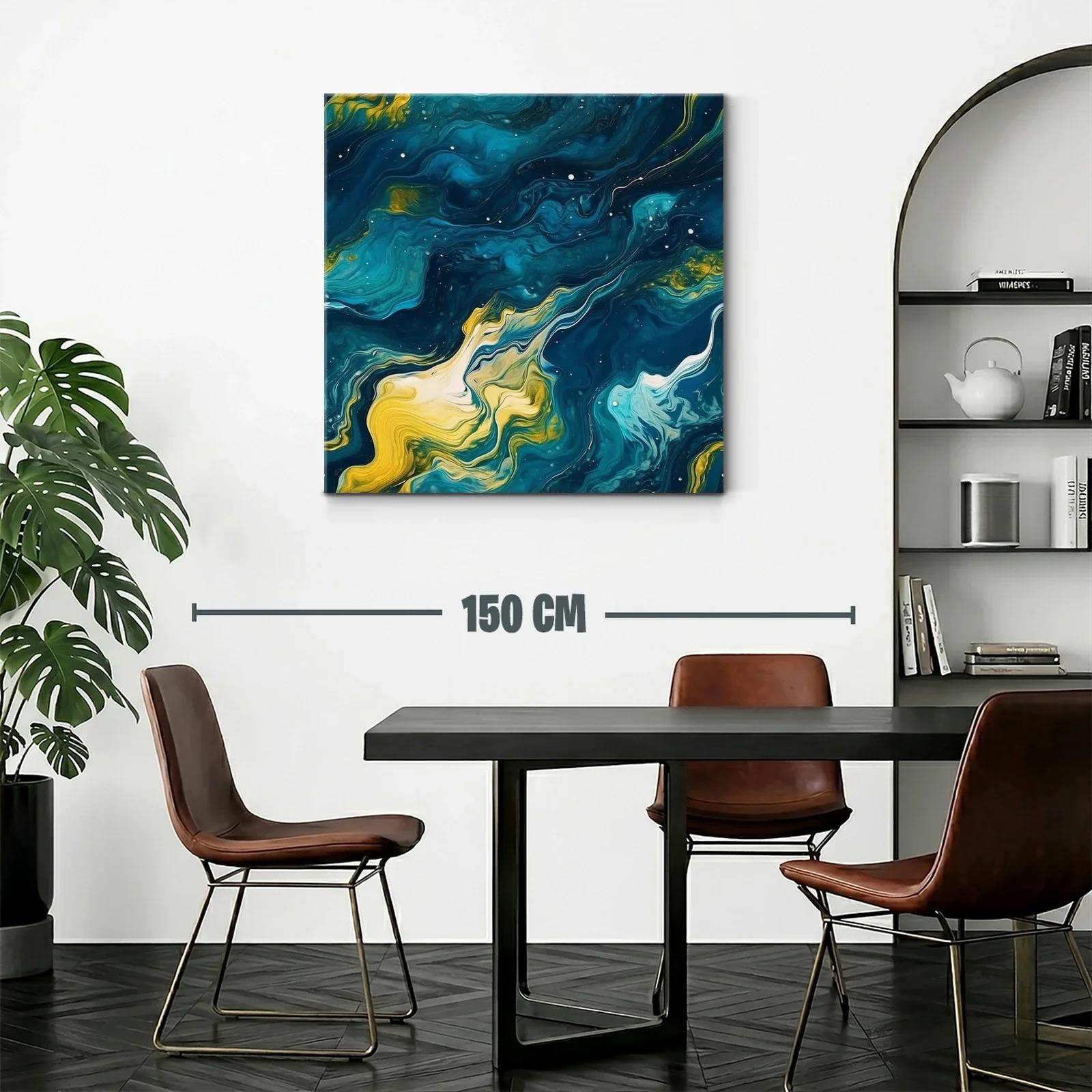 Cuadro abstracto de ondas fluidas en azul y amarillo — miniatura 2