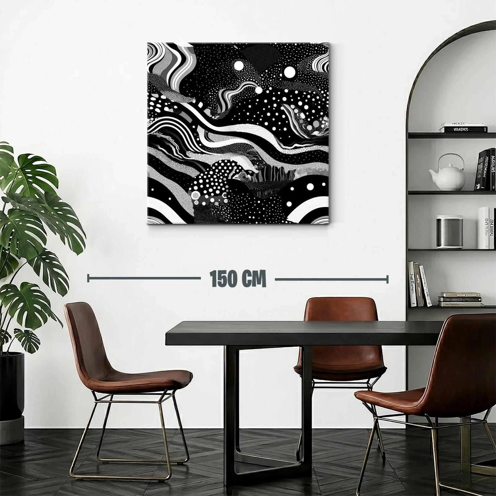 Cuadro abstracto en blanco y negro con formas y puntos dinámicos — miniatura 2