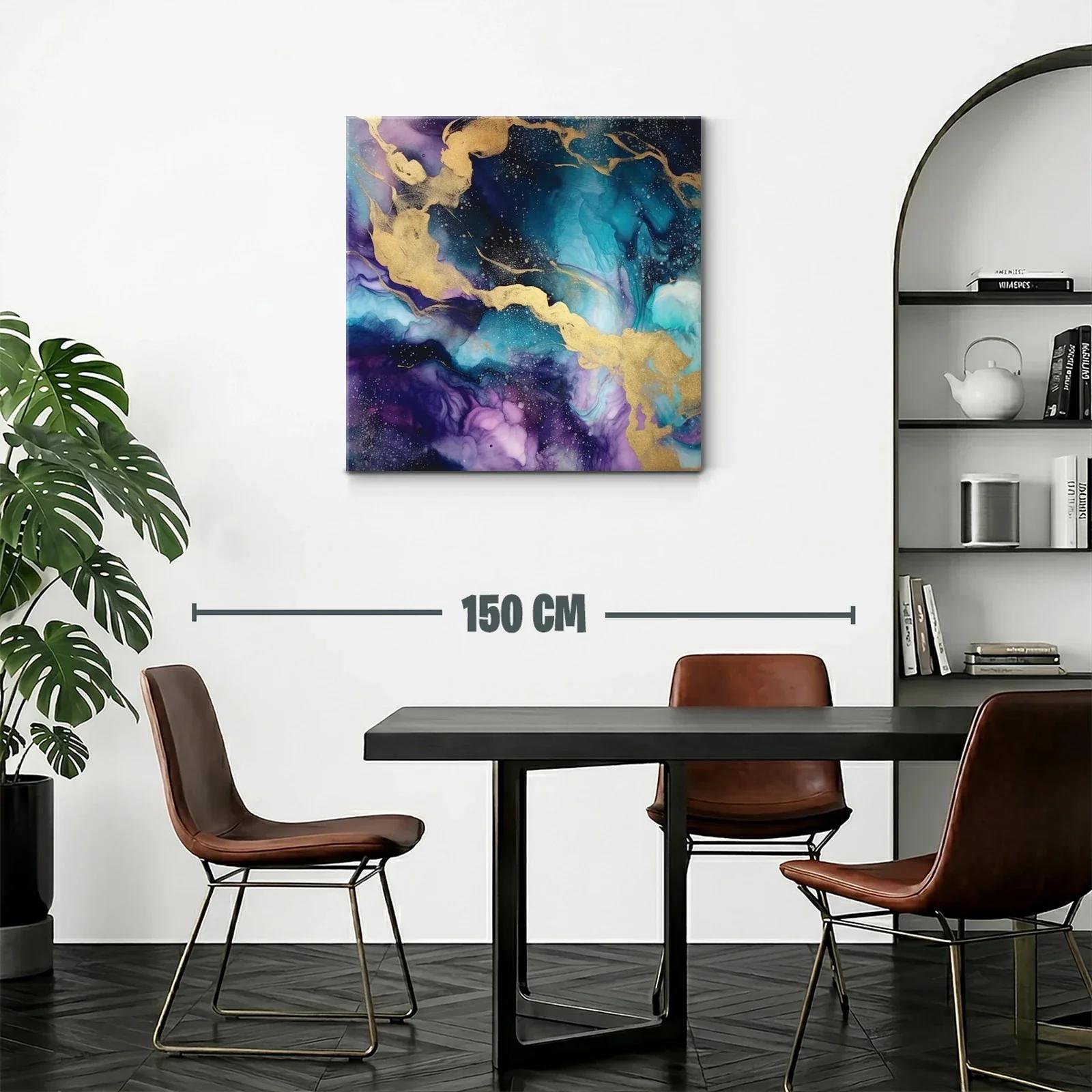 Cuadro abstracto con tonos azulados y dorados vibrantes — miniatura 2