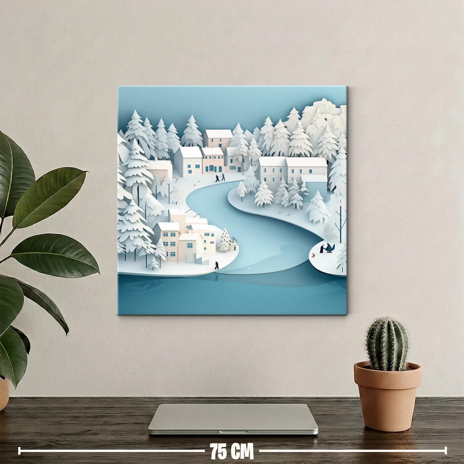 Paisaje invernal sereno con río y casas nevadas — miniatura 2
