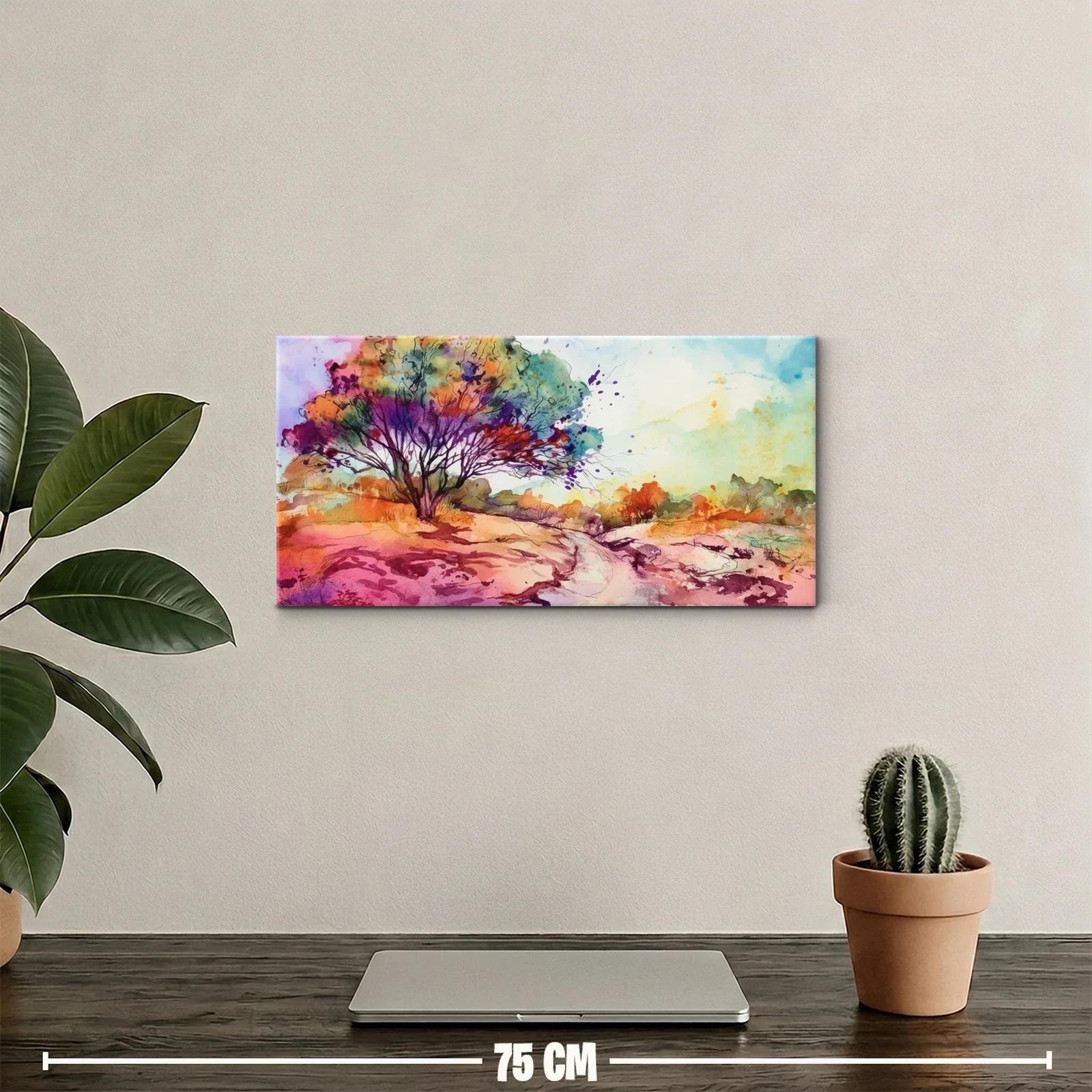 Cuadro árbol de copa multicolor con sendero y tonos rosados — miniatura 2