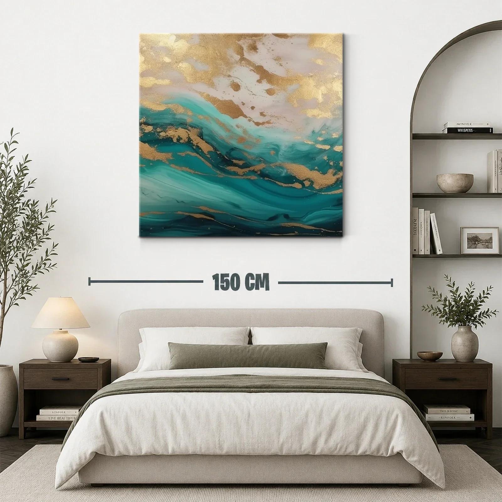 Cuadro abstracto con efecto dorado y tonos turquesa y azul — miniatura 3