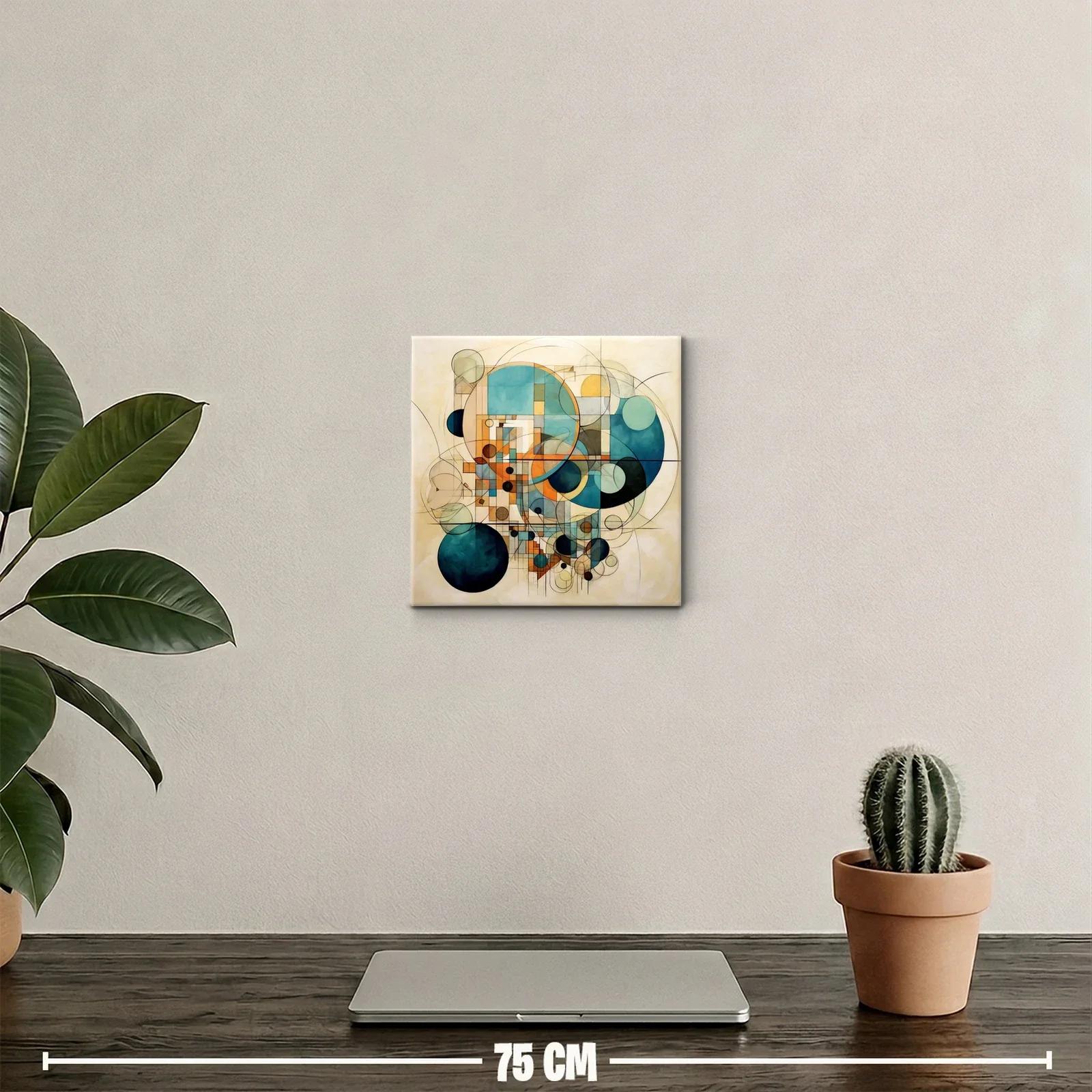 Cuadro abstracto de círculos geométricos en tonos azules y ocres — miniatura 2