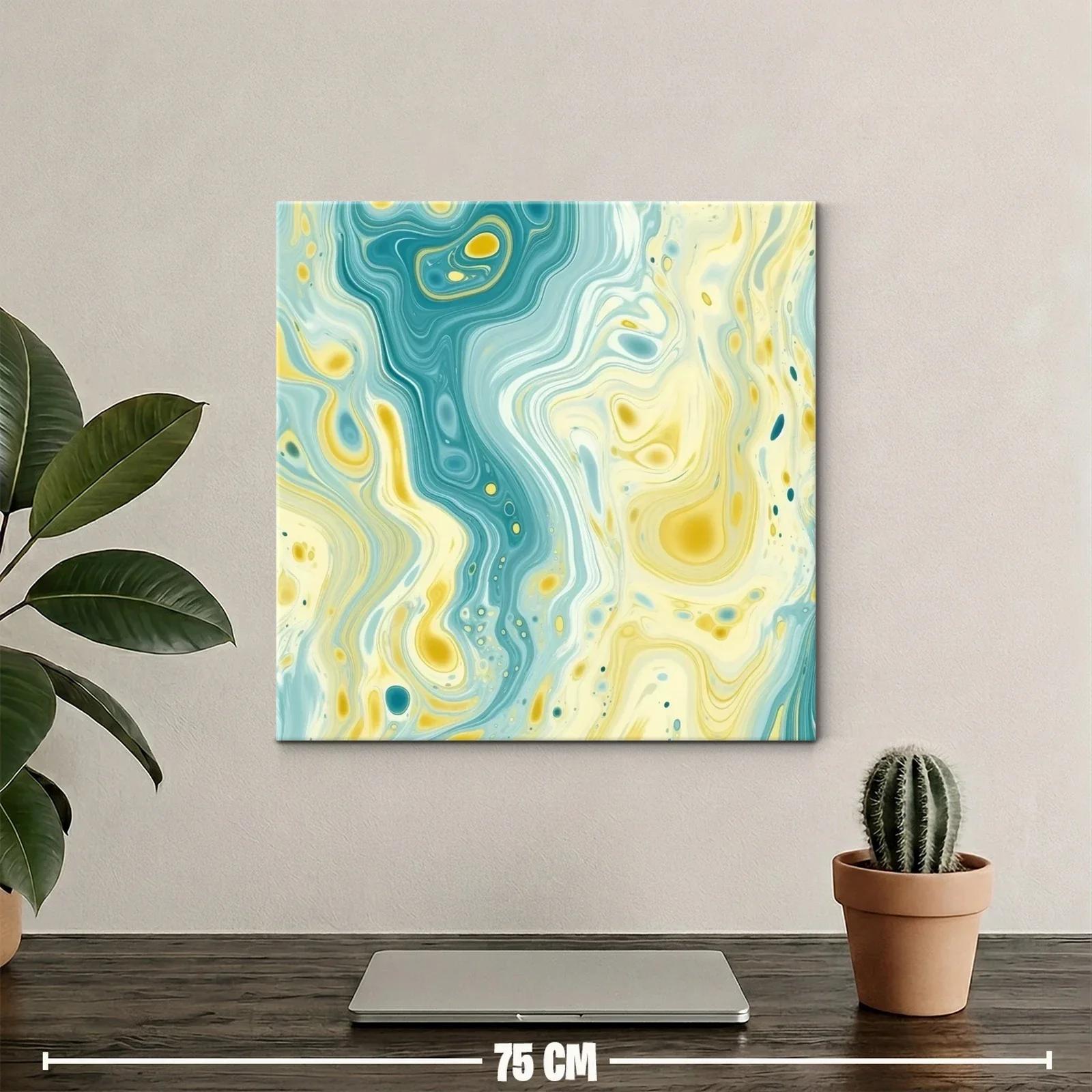 Cuadro abstracto con fluidas formas y tonos aqua y amarillo — miniatura 2