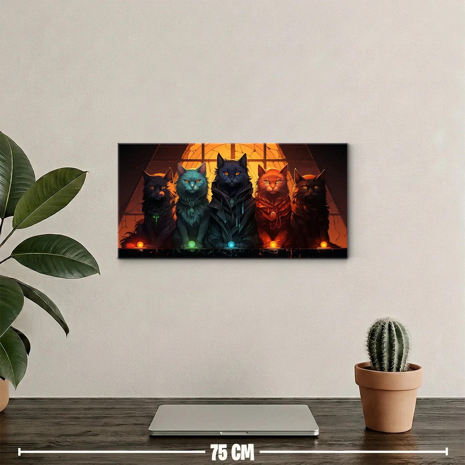 Cuadro cinco gatos de colores frente a una pirámide iluminada — miniatura 2