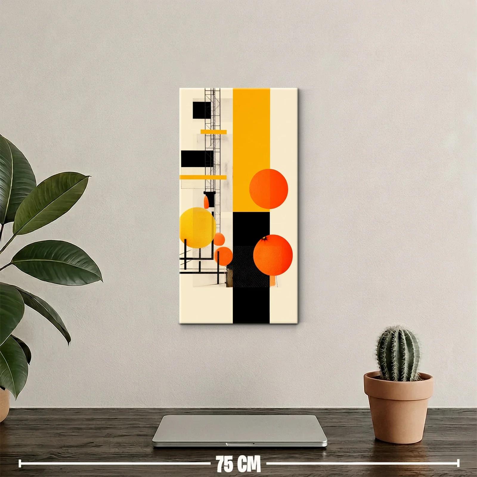 Cuadro abstracto geométrico con bloque negro y círculos naranjas — miniatura 2