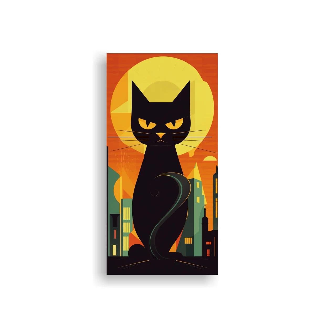 Cuadro gato negro con luna grande y ciudad geométrica — imagen principal