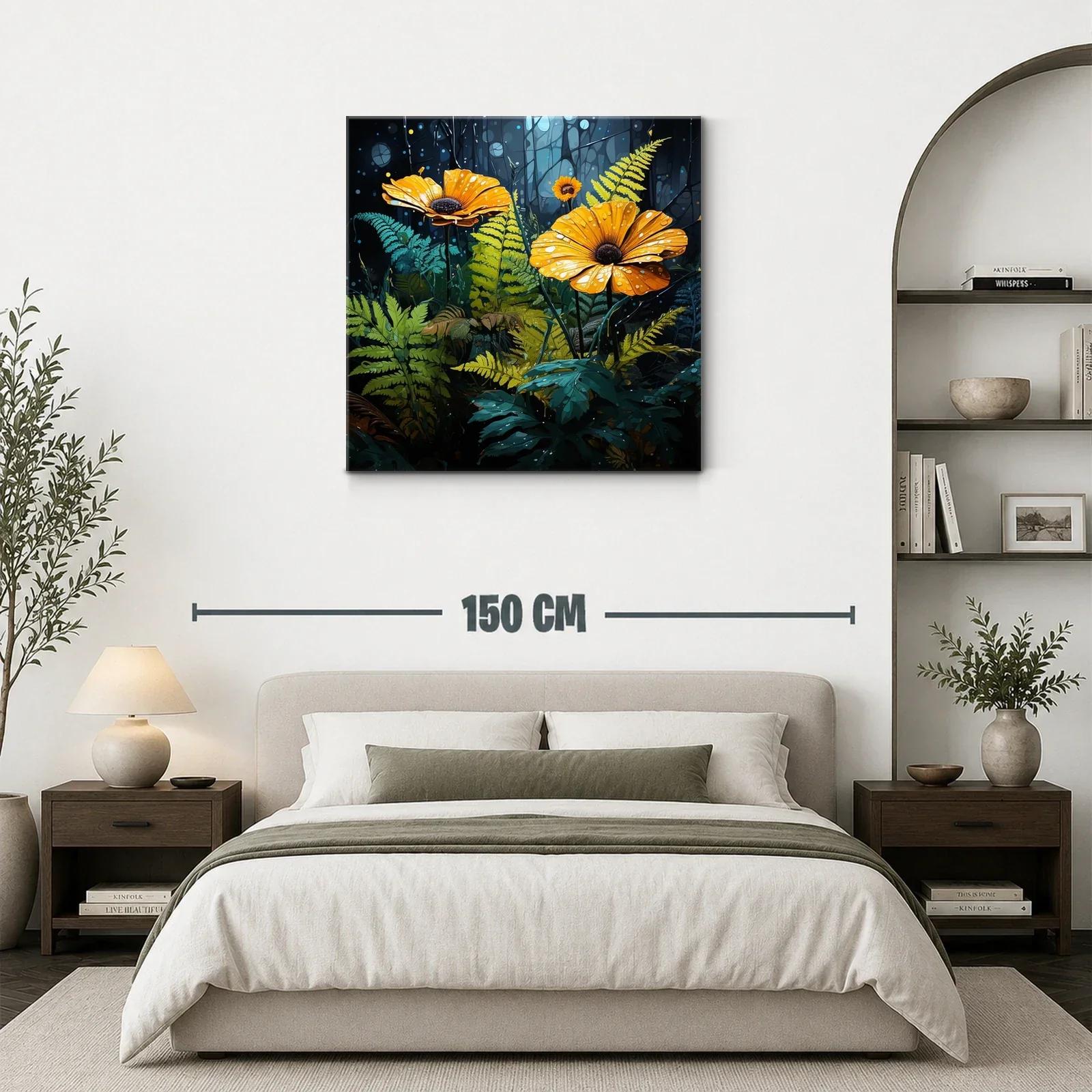 Flores amarillas en bosque oscuro con gotas de rocío — miniatura 3