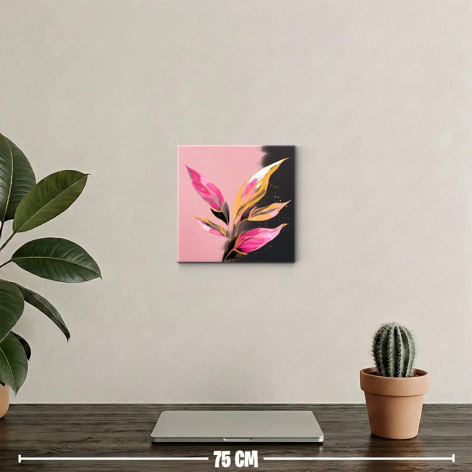 Cuadro decorativo hojas vibrantes en tonos rosa y dorado — miniatura 2