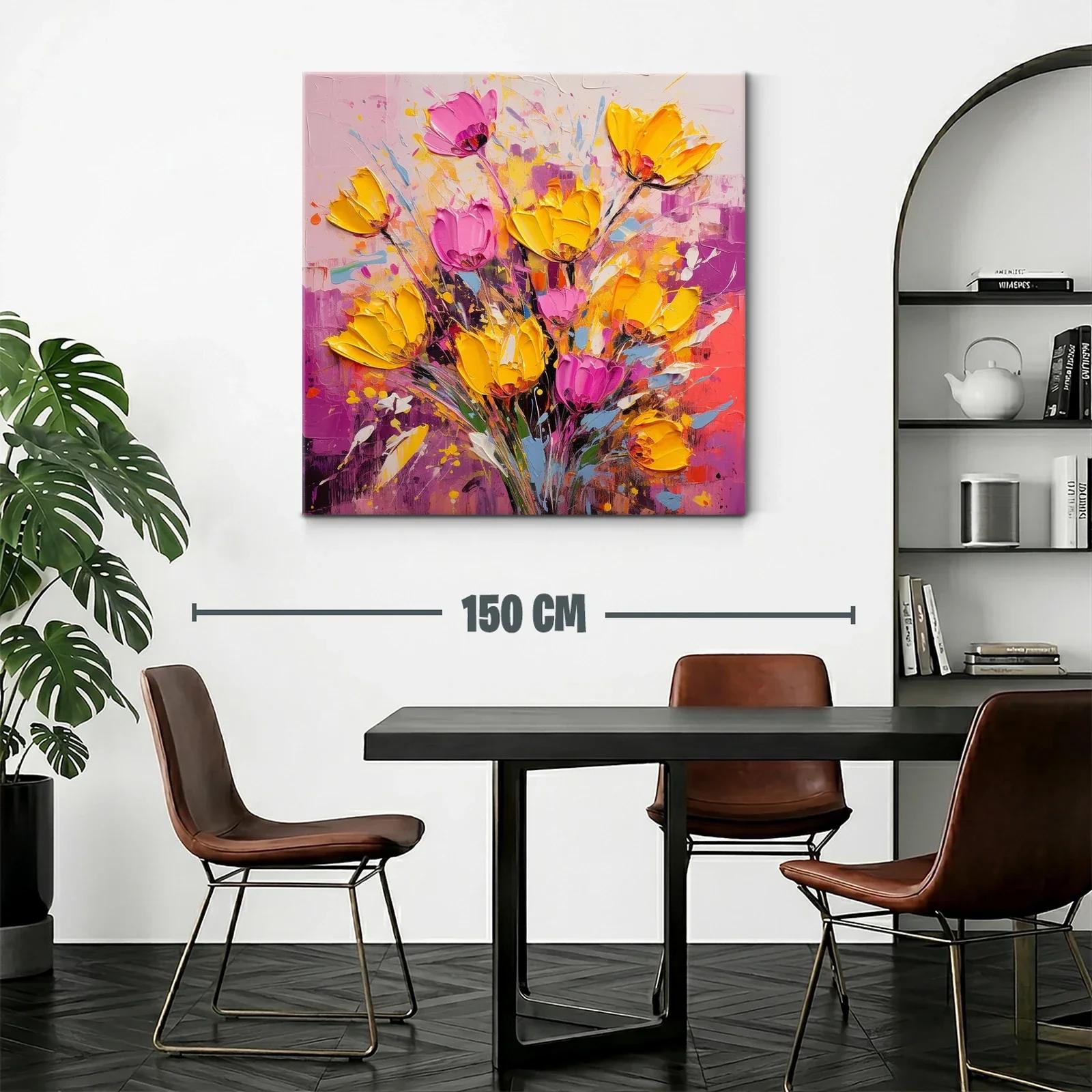 Cuadro floral vibrante con tonos amarillos y rosas intensos — miniatura 2