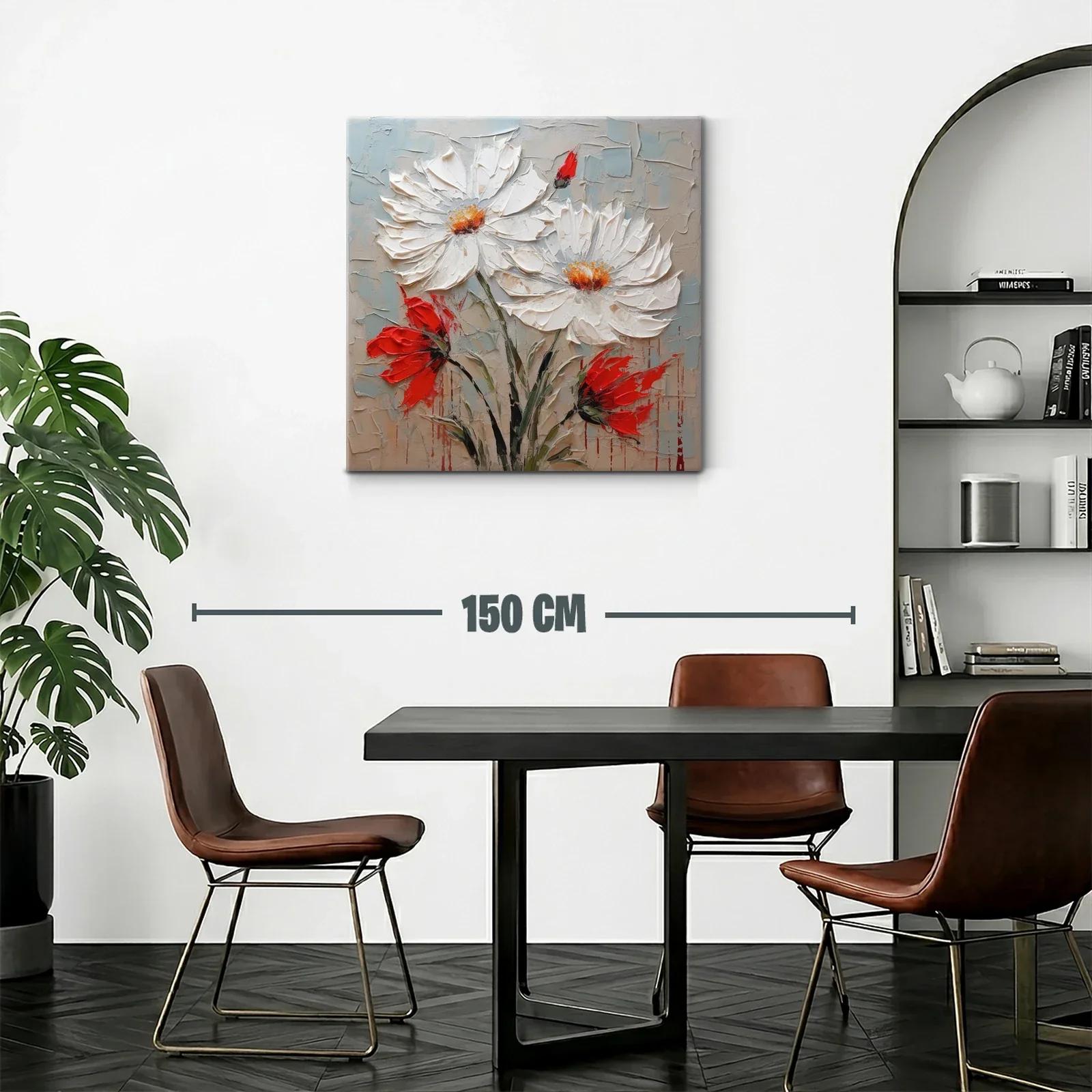 Cuadro floral en relieve con margaritas blancas y acentos rojos — miniatura 2
