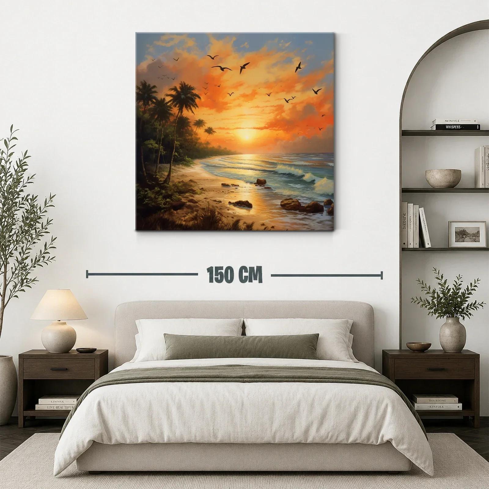 Atardecer tropical con palmeras y aves en vuelo — miniatura 3