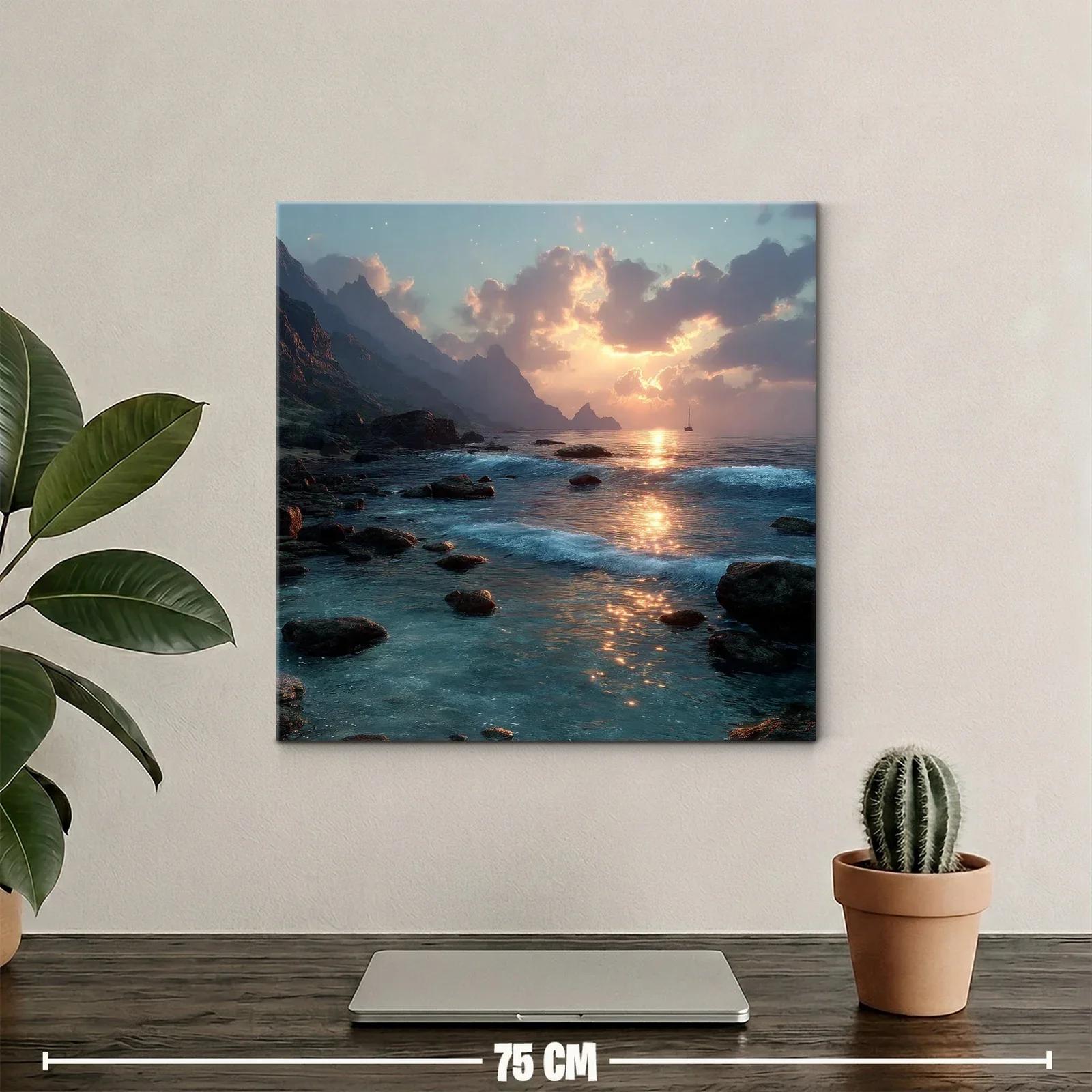 Paisaje costero con atardecer entre montañas rocosas — miniatura 2