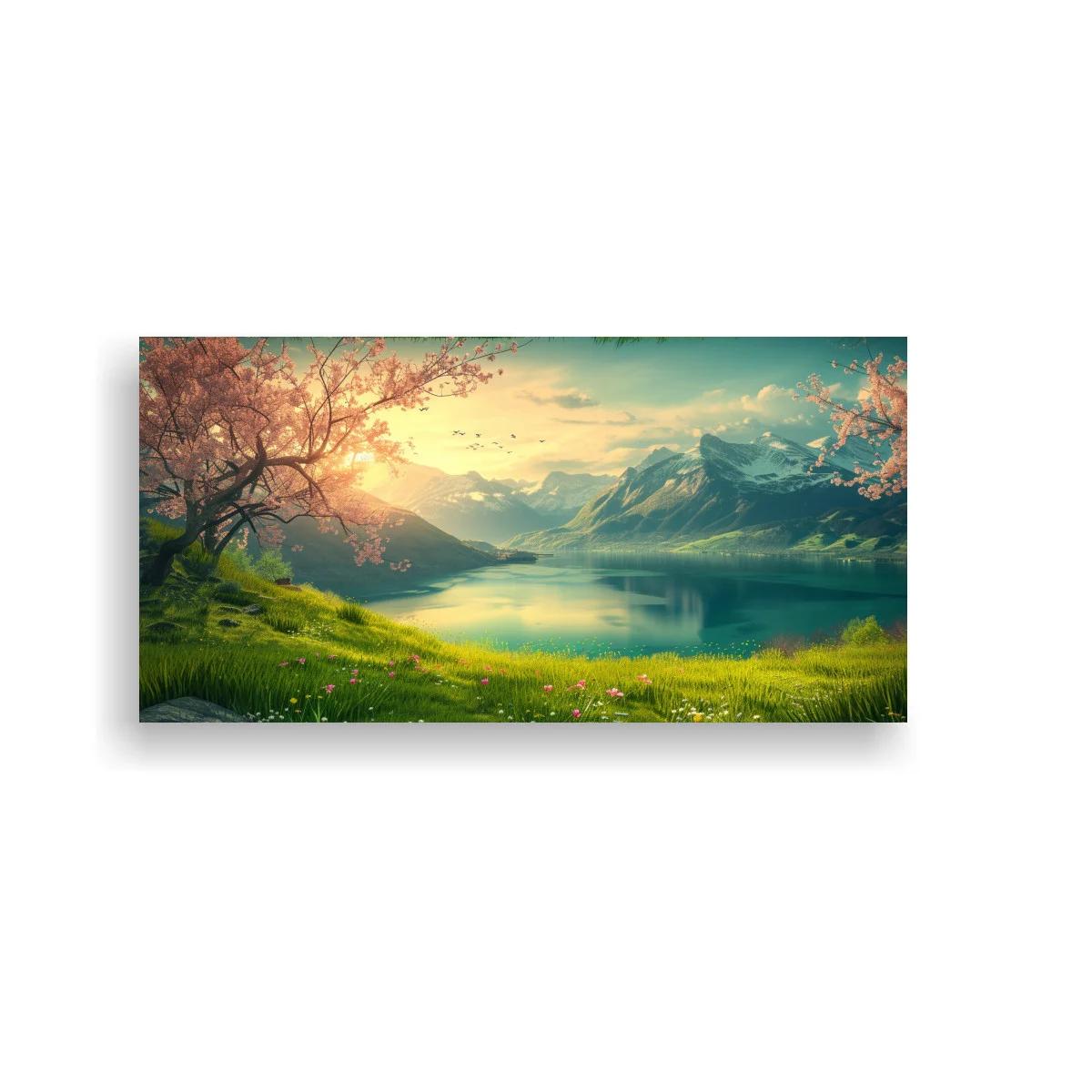 Cuadro lago de montaña al amanecer con flores silvestres — imagen principal