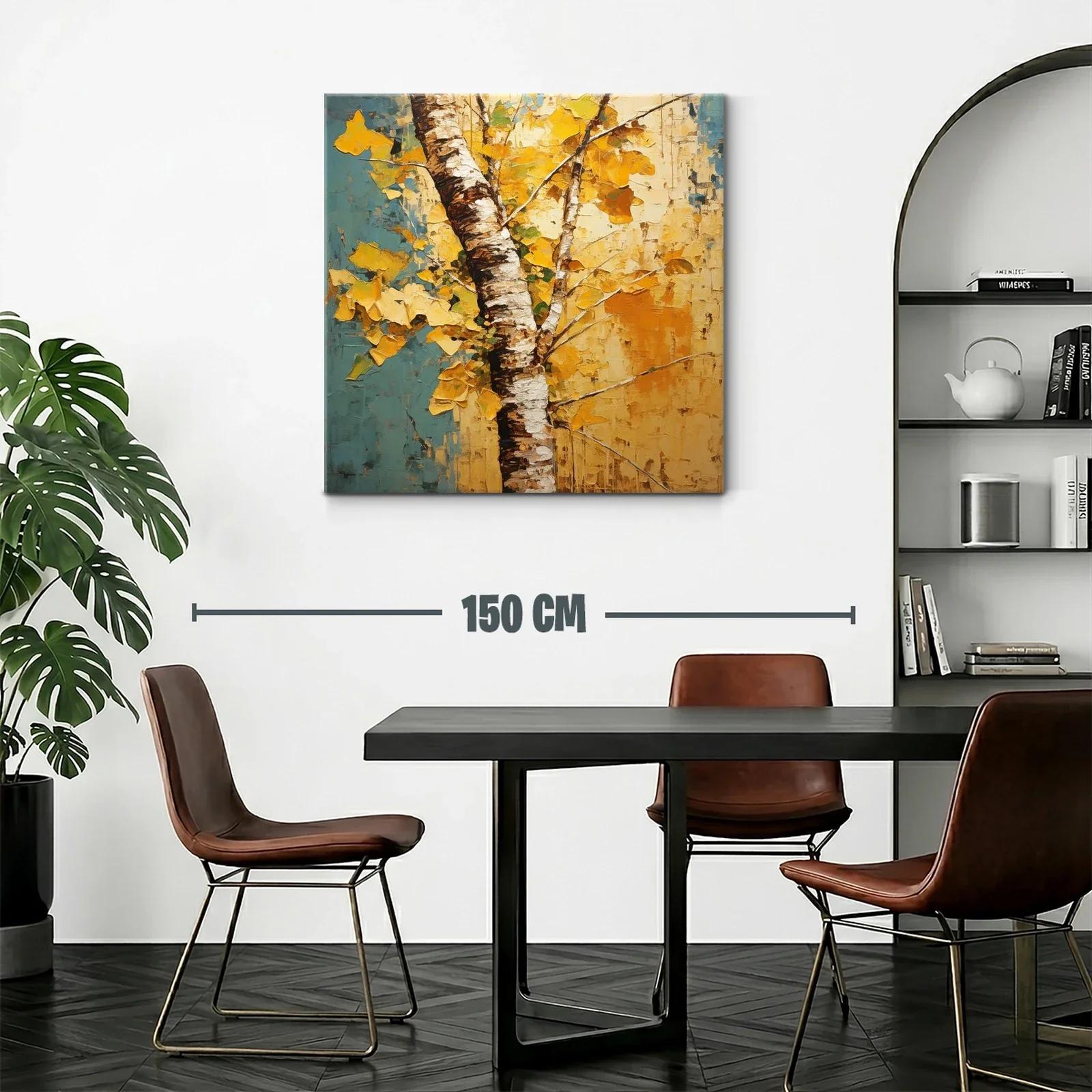 Árbol otoñal con hojas doradas y fondo azul y amarillo — miniatura 2