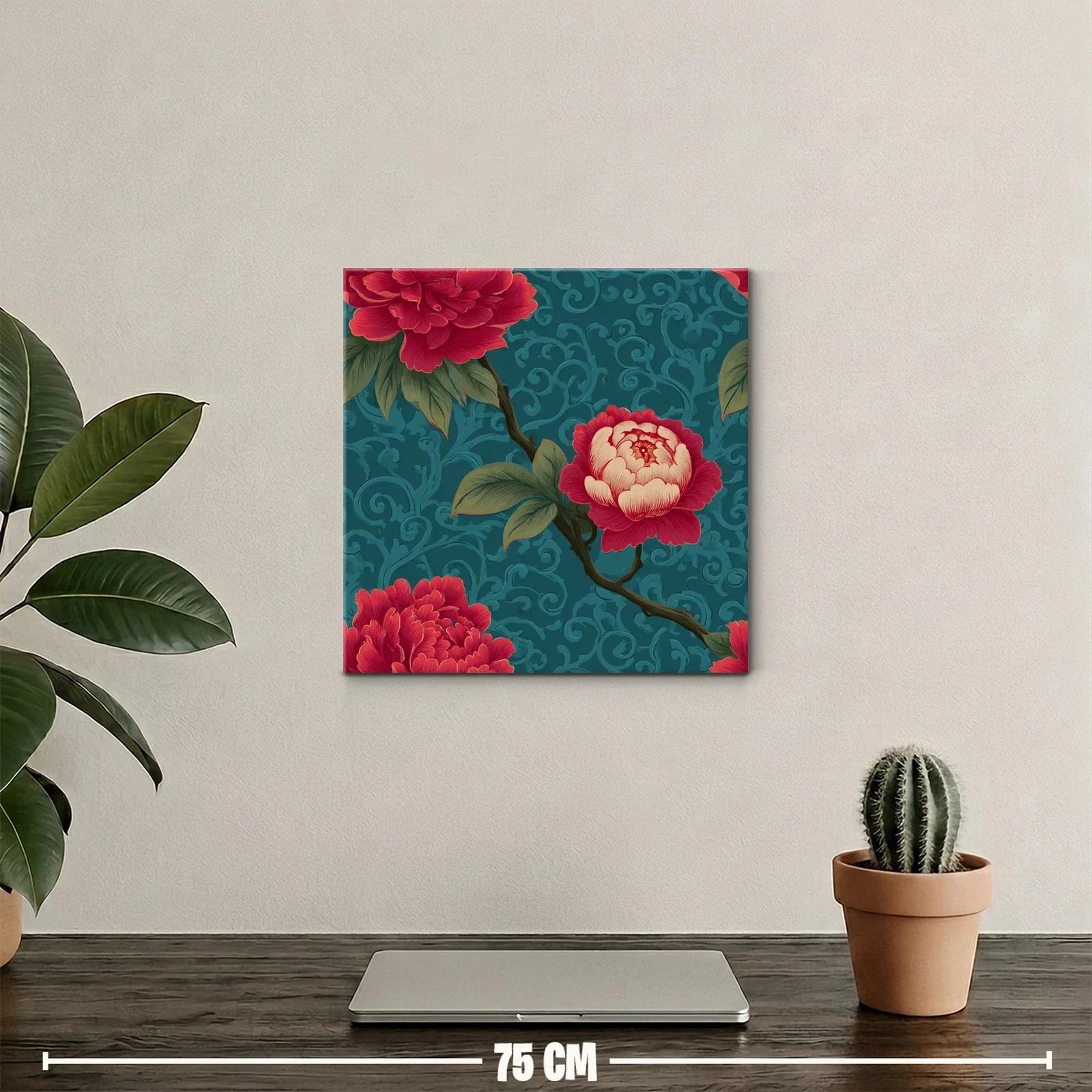 Cuadro floral con rosas rojas sobre fondo azul texturizado — miniatura 2