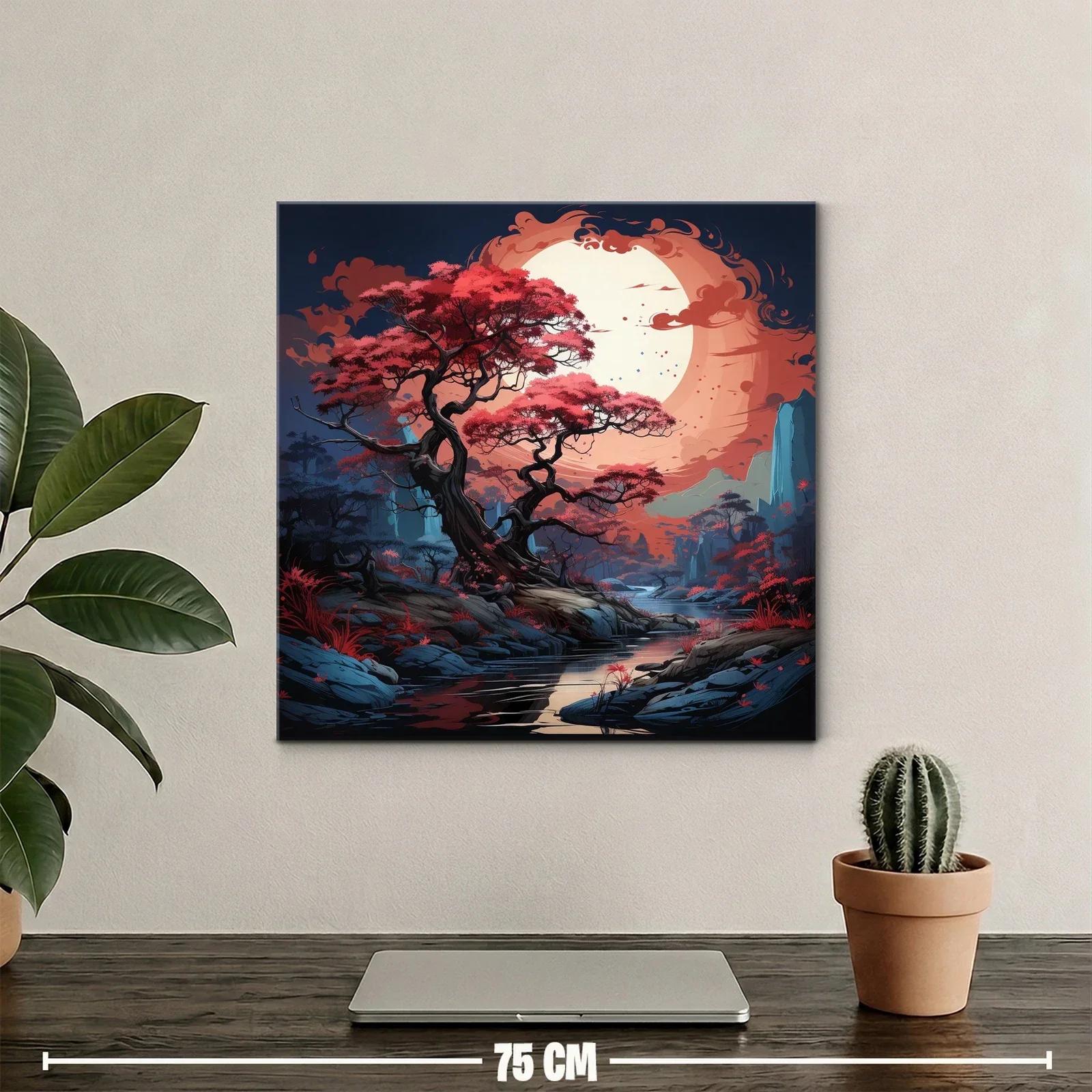 Paisaje mágico con árbol rojo bajo una luna enorme — miniatura 2