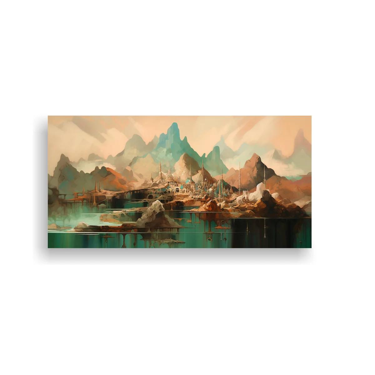 Cuadro paisaje de montañas junto a un lago con poblado fantástico — imagen principal