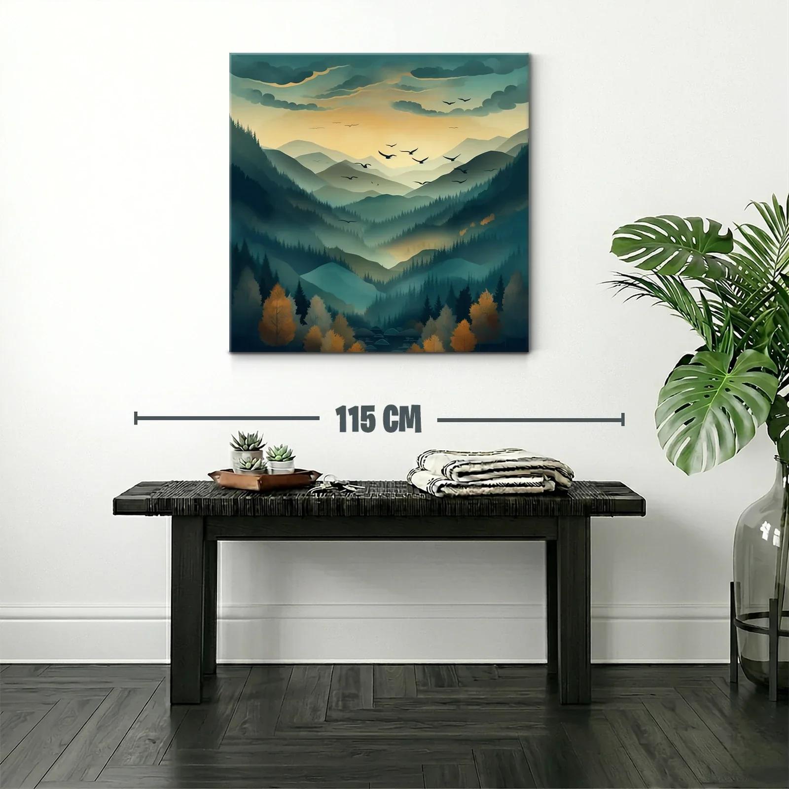 Paisaje de montañas nebulosas al amanecer con aves en vuelo — miniatura 2